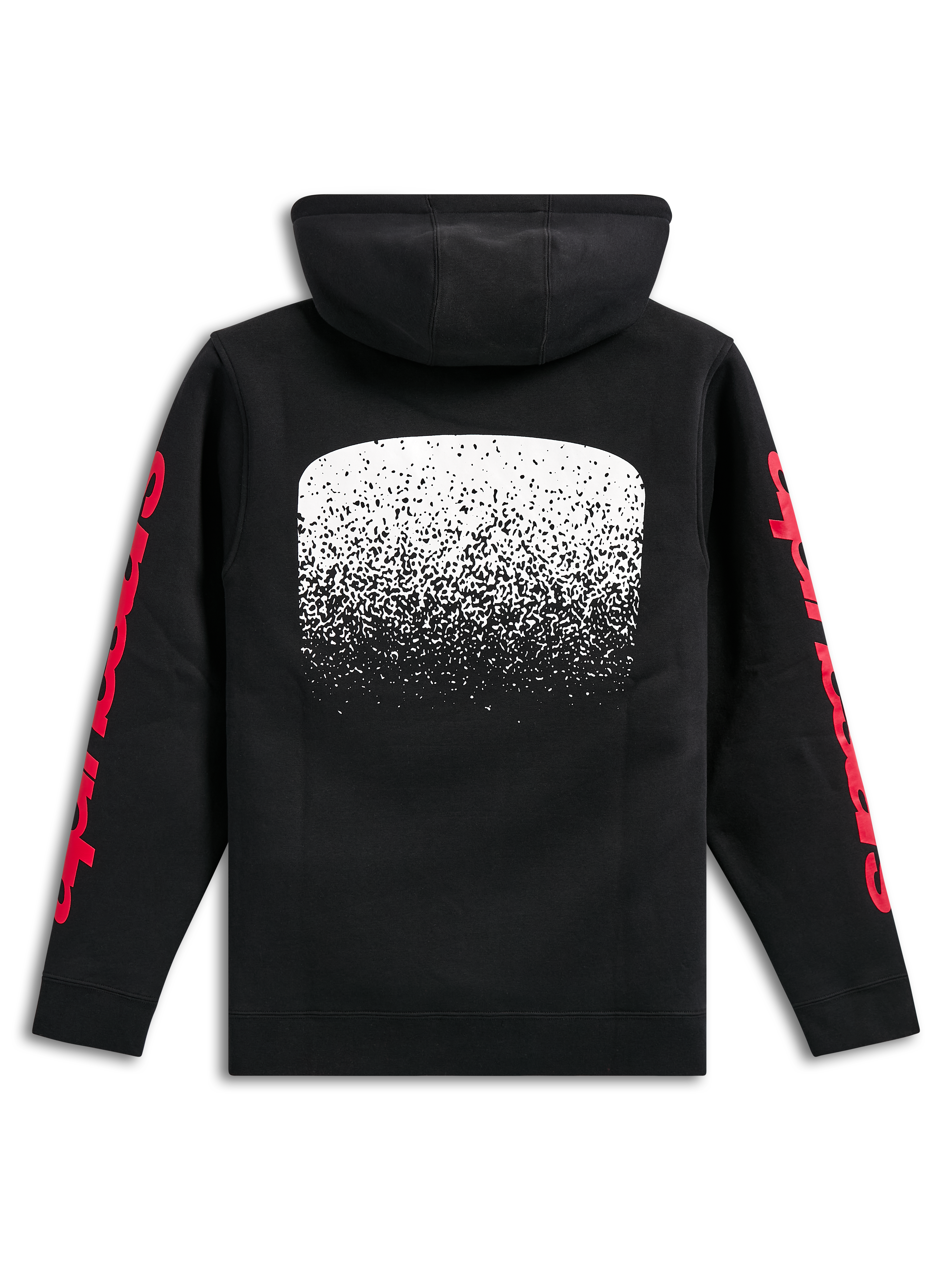 Felpa con cappuccio Alpinestars Obsessed, felpa nera in pile pullover, vista posteriore, grande grafica bianca con gradazione MX sulla schiena, loghi Alpinestars rossi sulle maniche, streetwear casual ispirato al motorsport