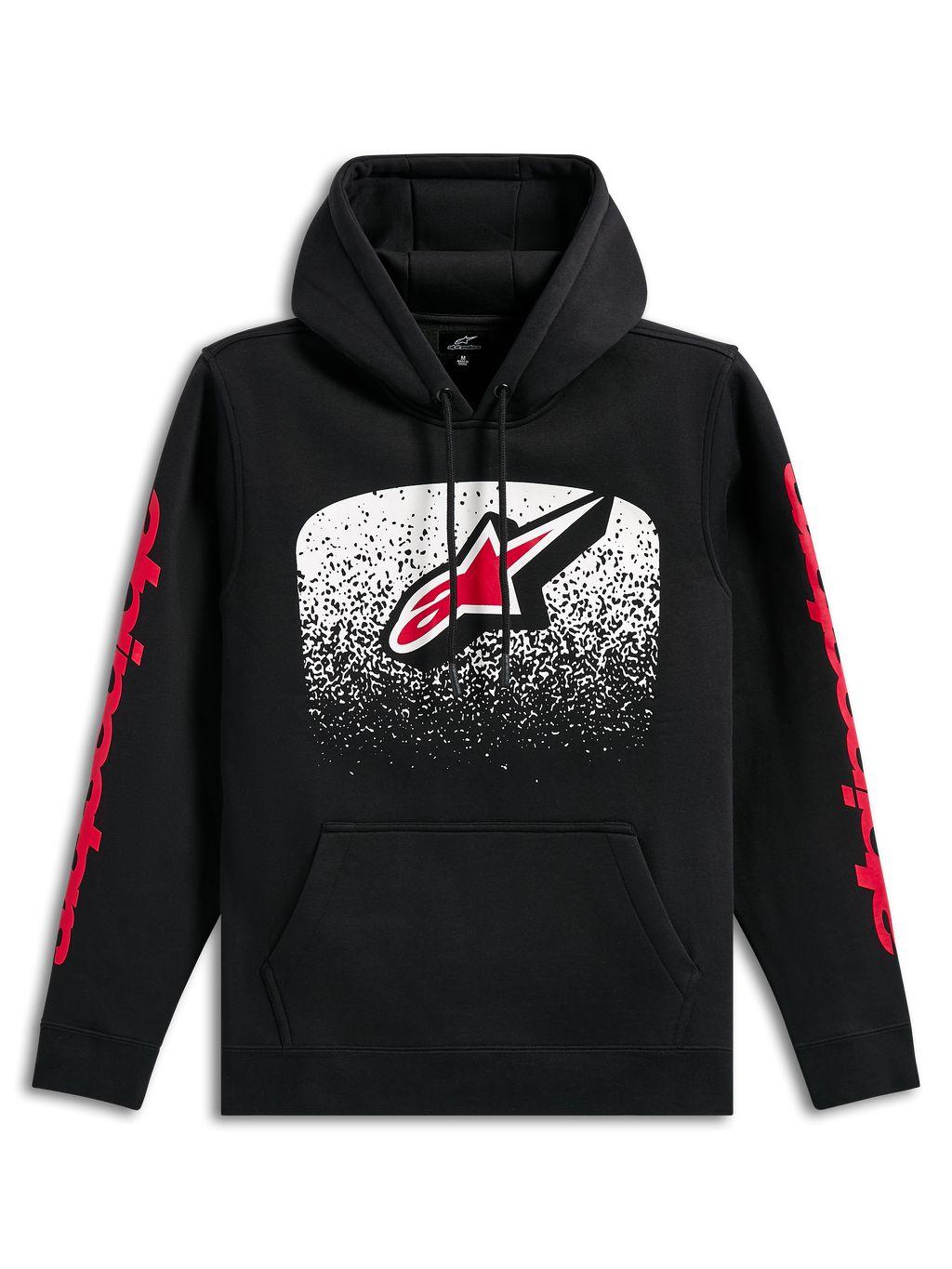 Felpa con cappuccio Alpinestars Obsessed, felpa nera, grande logo Astars frontale con sfumatura MX bianca e rossa, scritte Alpinestars rosse sulle maniche, cappuccio con cordino e tasca a marsupio, streetwear casual ispirato al motorsport