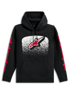 Felpa con cappuccio Alpinestars Obsessed, felpa nera, grande logo Astars frontale con sfumatura MX bianca e rossa, scritte Alpinestars rosse sulle maniche, cappuccio con cordino e tasca a marsupio, streetwear casual ispirato al motorsport