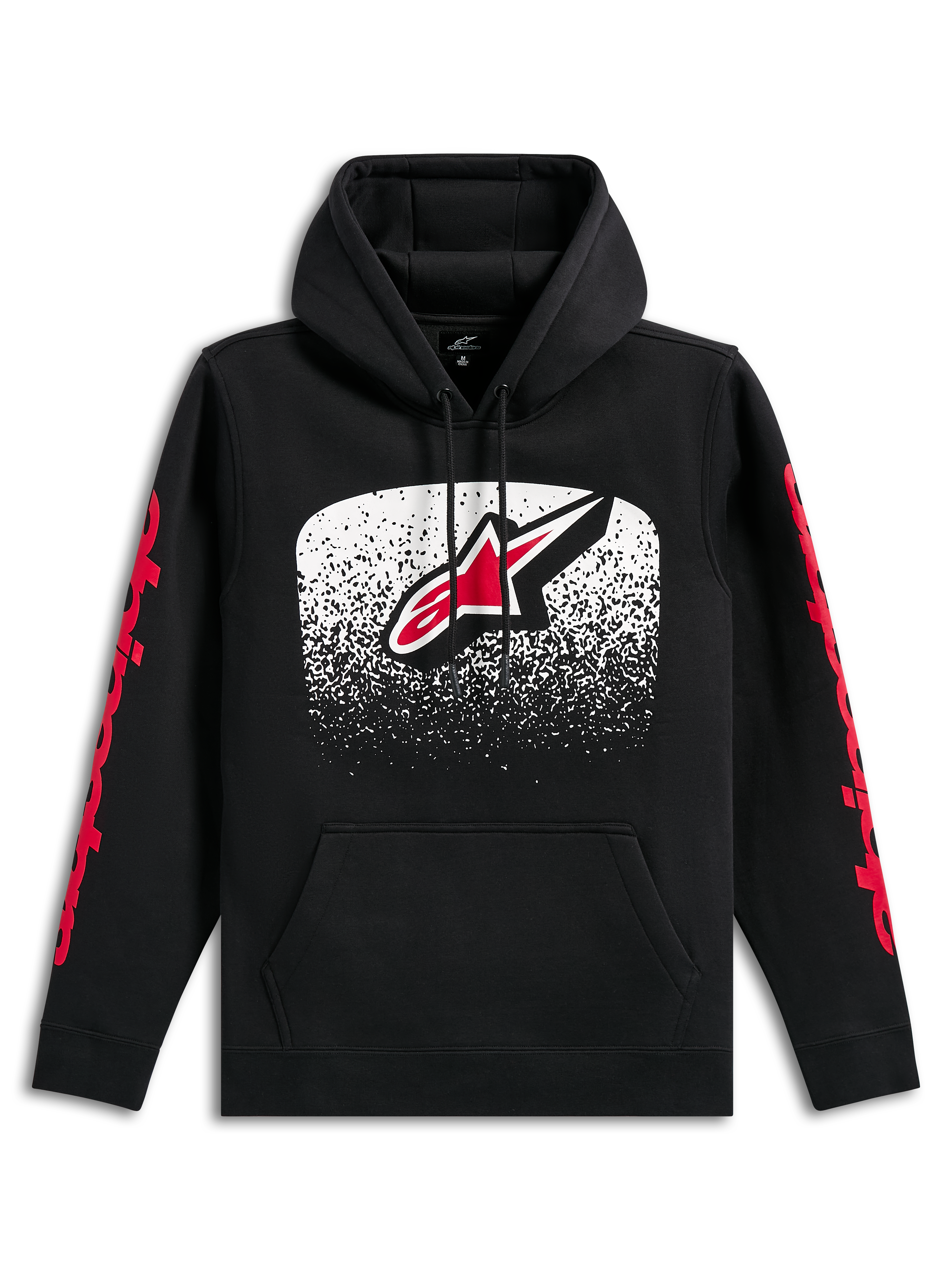 Felpa con cappuccio Alpinestars Obsessed, felpa nera, grande logo Astars frontale con sfumatura MX bianca e rossa, scritte Alpinestars rosse sulle maniche, cappuccio con cordino e tasca a marsupio, streetwear casual ispirato al motorsport