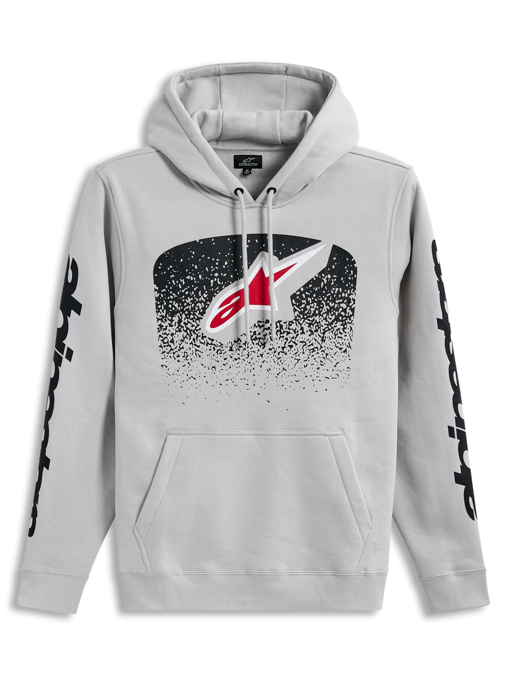 Alpinestars Obsessed Hoodie, felpa con cappuccio grigio cemento con logo frontale a sfumatura MX e grafiche nere sulle maniche, abbigliamento sportswear casual ispirato al motocross