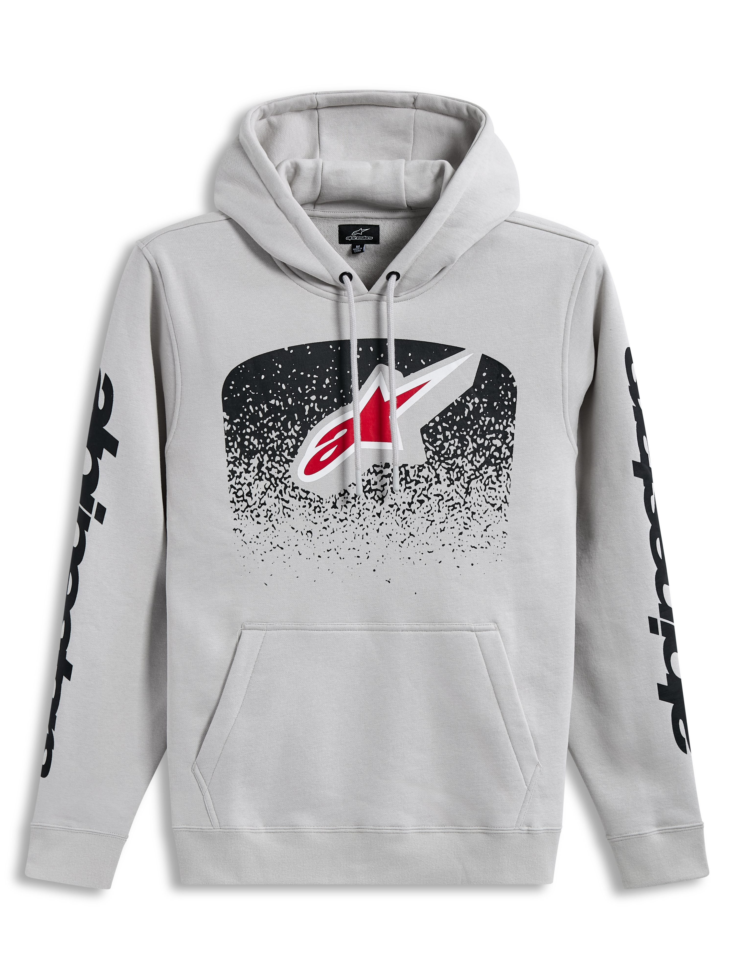 Alpinestars Obsessed Hoodie, felpa con cappuccio grigio cemento con logo frontale a sfumatura MX e grafiche nere sulle maniche, abbigliamento sportswear casual ispirato al motocross