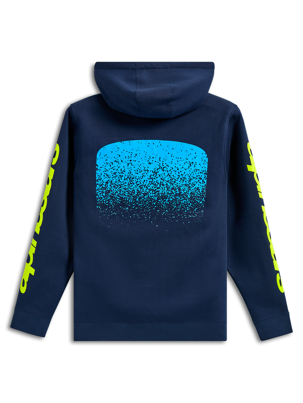 Alpinestars Obsessed Hoodie, vista posteriore, blu navy, grafica con gradazione MX azzurra sul retro, loghi Alpinestars gialli sulle maniche, abbigliamento casual streetwear motorsport