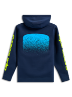 Alpinestars Obsessed Hoodie, vista posteriore, blu navy, grafica con gradazione MX azzurra sul retro, loghi Alpinestars gialli sulle maniche, abbigliamento casual streetwear motorsport