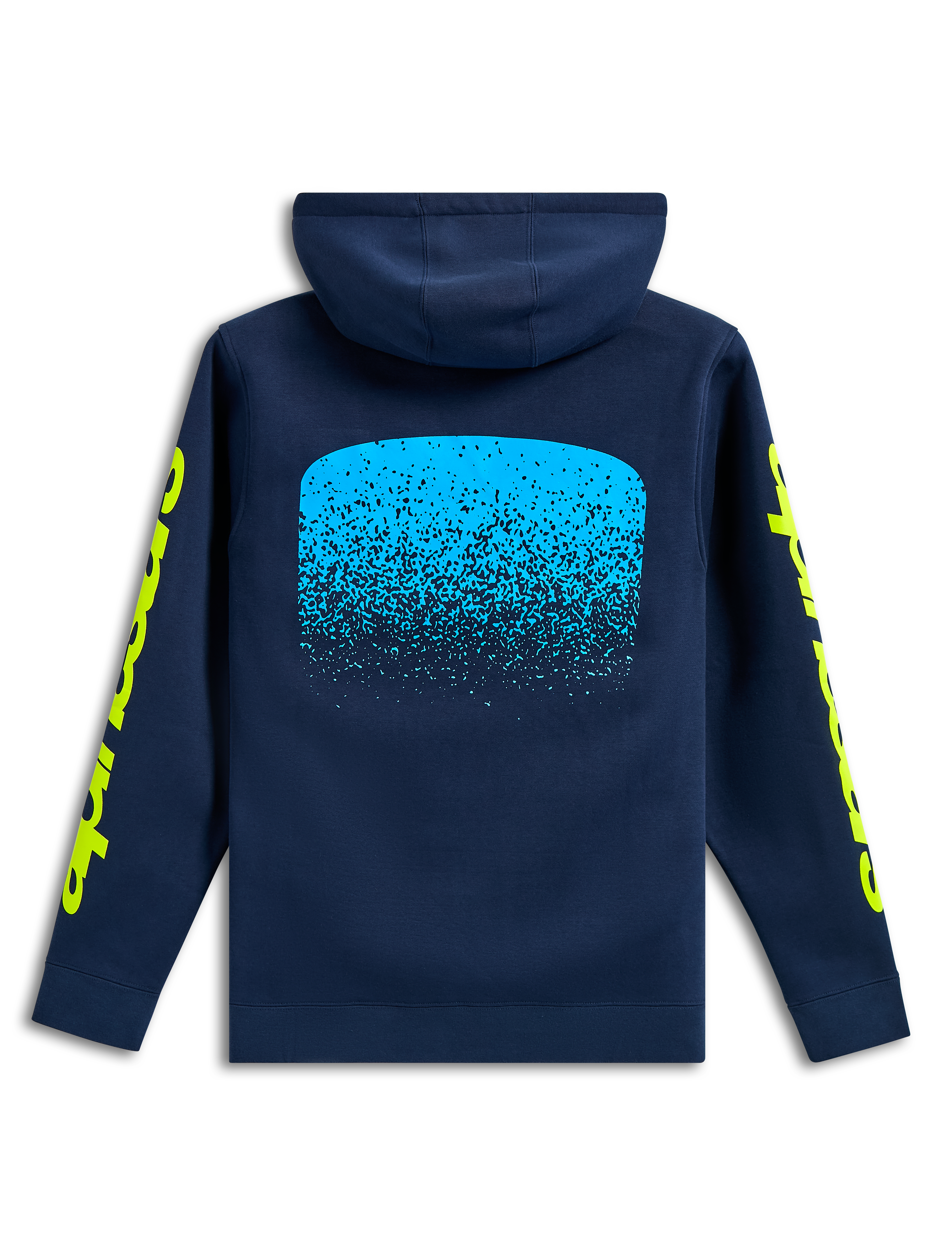 Alpinestars Obsessed Hoodie, vista posteriore, blu navy, grafica con gradazione MX azzurra sul retro, loghi Alpinestars gialli sulle maniche, abbigliamento casual streetwear motorsport