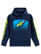 Felpa con cappuccio Alpinestars Obsessed, felpa casual pullover blu navy, logo Astars frontale con grafica a gradazione MX ciano, loghi wordmark verde lime sulle maniche, cappuccio con cordino e tasca a marsupio, design ispirato al motorsport