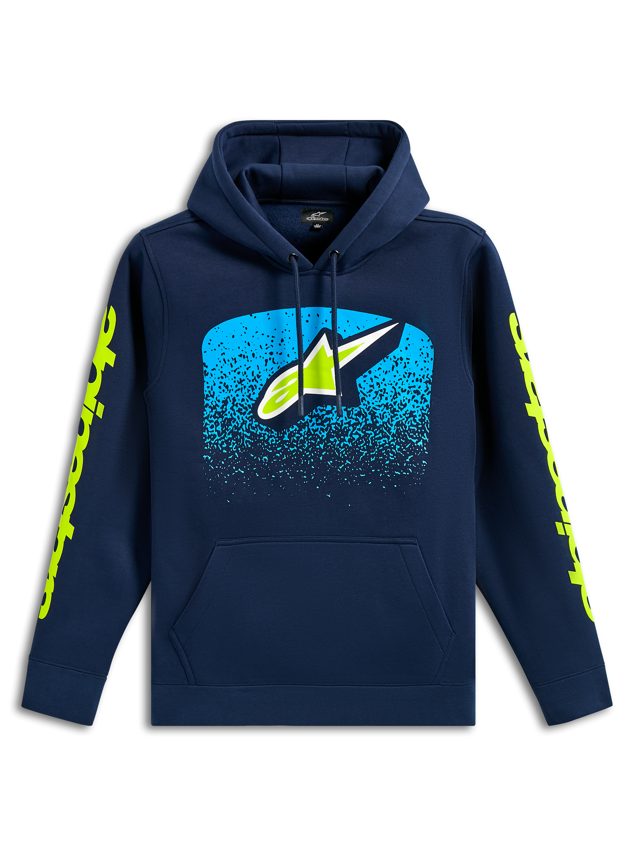 Felpa con cappuccio Alpinestars Obsessed, felpa casual pullover blu navy, logo Astars frontale con grafica a gradazione MX ciano, loghi wordmark verde lime sulle maniche, cappuccio con cordino e tasca a marsupio, design ispirato al motorsport