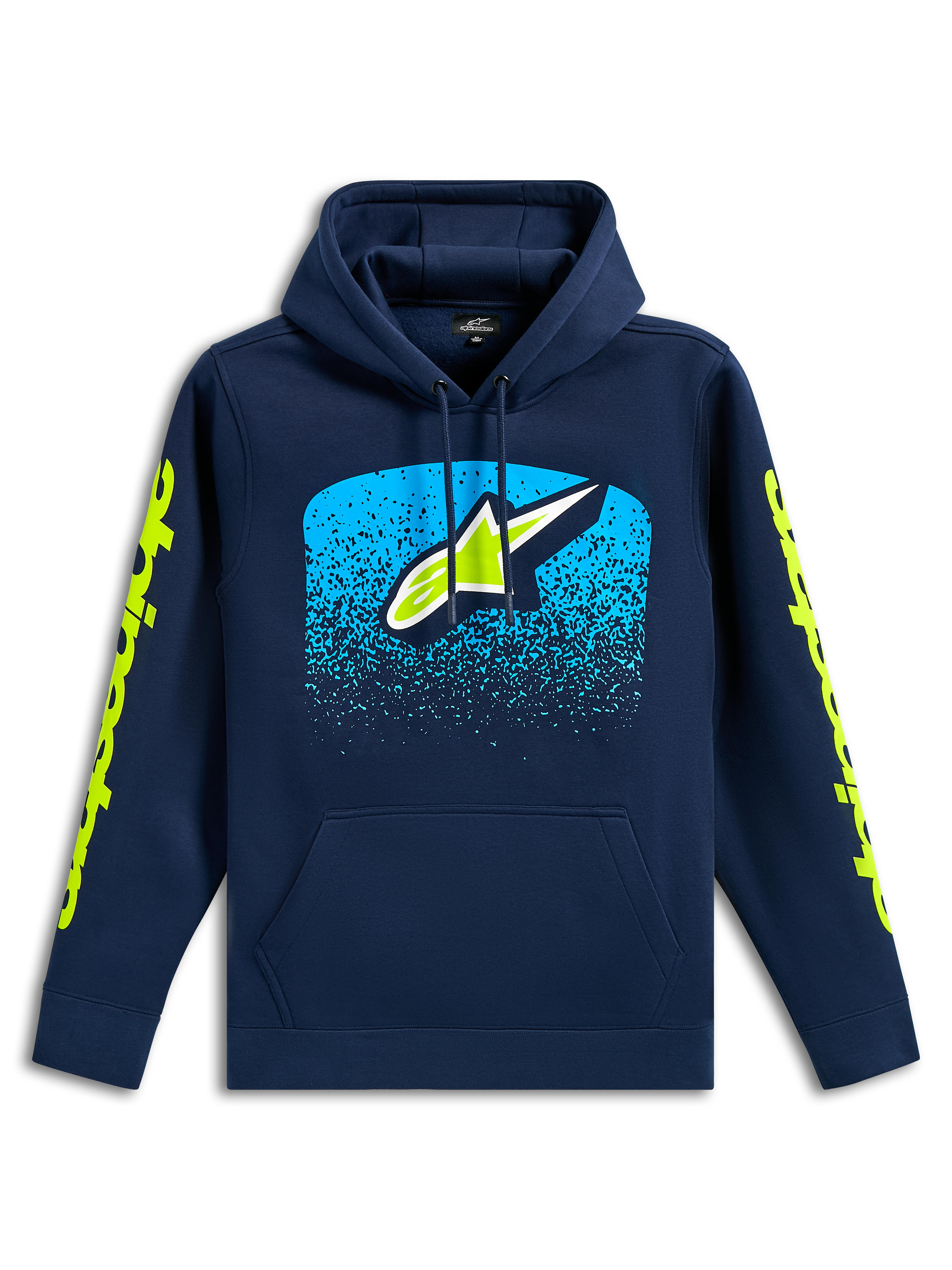 Felpa con cappuccio Alpinestars Obsessed, felpa casual pullover blu navy, logo Astars frontale con grafica a gradazione MX ciano, loghi wordmark verde lime sulle maniche, cappuccio con cordino e tasca a marsupio, design ispirato al motorsport