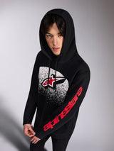 Alpinestars Obsessed Hoodie, felpa pullover nera, logo Astars frontale rosso e bianco con gradazione MX bianca effetto consumato, scritta Alpinestars rossa sulla manica, cappuccio con cordino, streetwear casual ispirato al motorsport