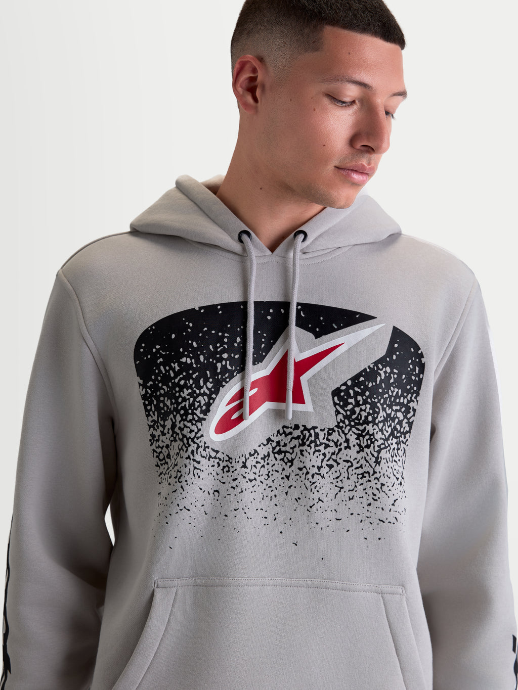 Alpinestars felpa con cappuccio Obsessed, pile sportswear da uomo, grigio cemento con logo Astars frontale e grafiche MX in rosso e nero, misto cotone e poliestere riciclato