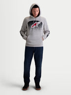 Alpinestars Felpa con cappuccio Obsessed, felpa sportswear da uomo, grigio cemento con grafiche MX sfumate in rosso e nero, logo Astars frontale e branding sulle maniche, stile motorsport casual