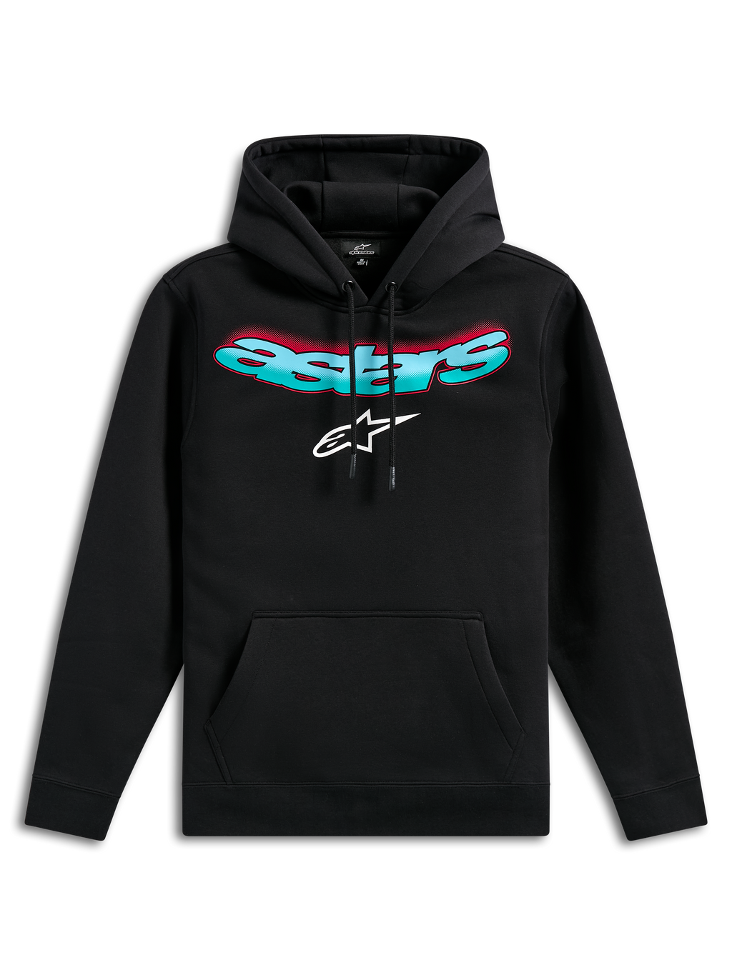 Felpa con cappuccio Alpinestars Ellipsoid, felpa pullover nera, con scritta Astars curva sfumata verde acqua e rosso e logo a stella bianco, cappuccio con cordino, tasca a marsupio, streetwear casual d'ispirazione motorsport