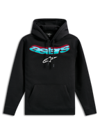 Felpa con cappuccio Alpinestars Ellipsoid, felpa pullover nera, con scritta Astars curva sfumata verde acqua e rosso e logo a stella bianco, cappuccio con cordino, tasca a marsupio, streetwear casual d'ispirazione motorsport