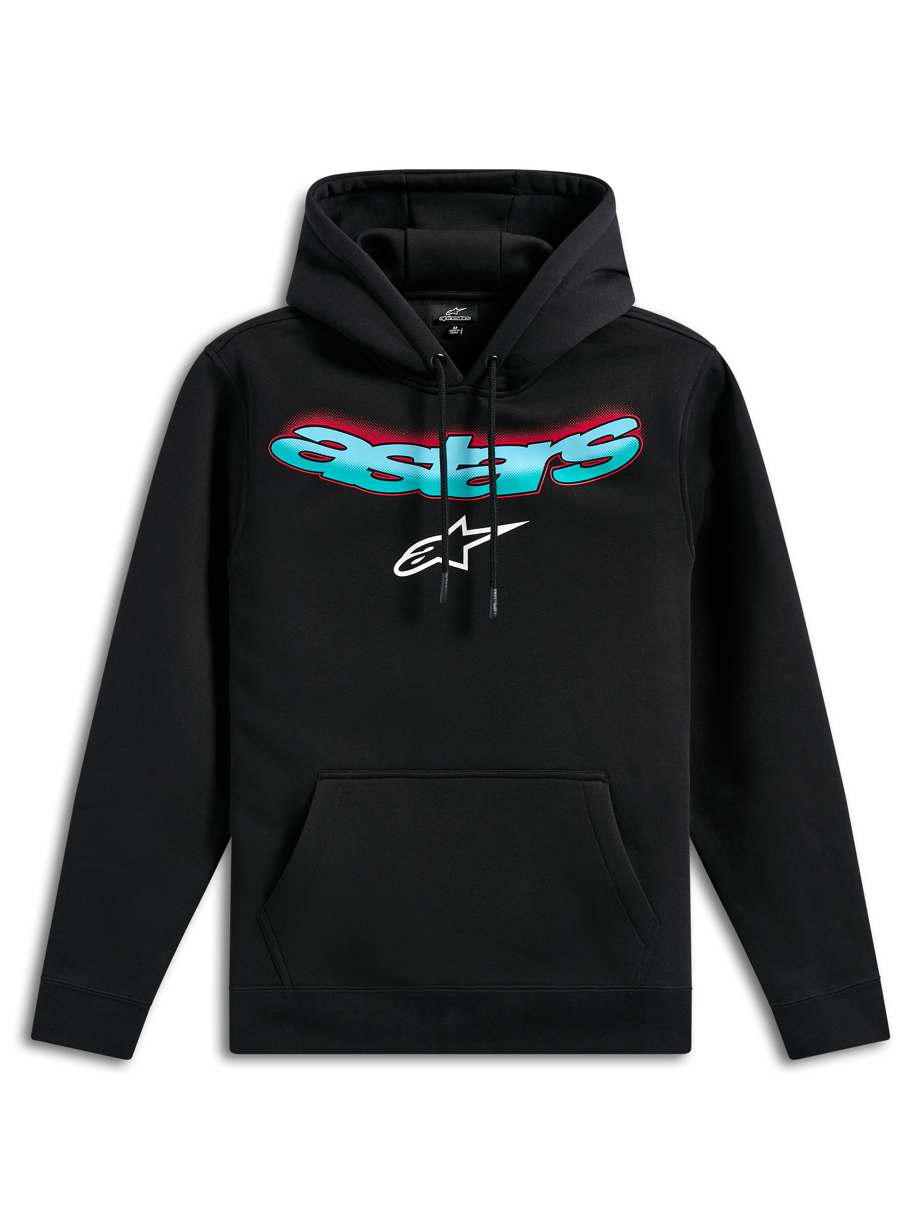Felpa con cappuccio Alpinestars Ellipsoid, felpa pullover nera, con scritta Astars curva sfumata verde acqua e rosso e logo a stella bianco, cappuccio con cordino, tasca a marsupio, streetwear casual d'ispirazione motorsport