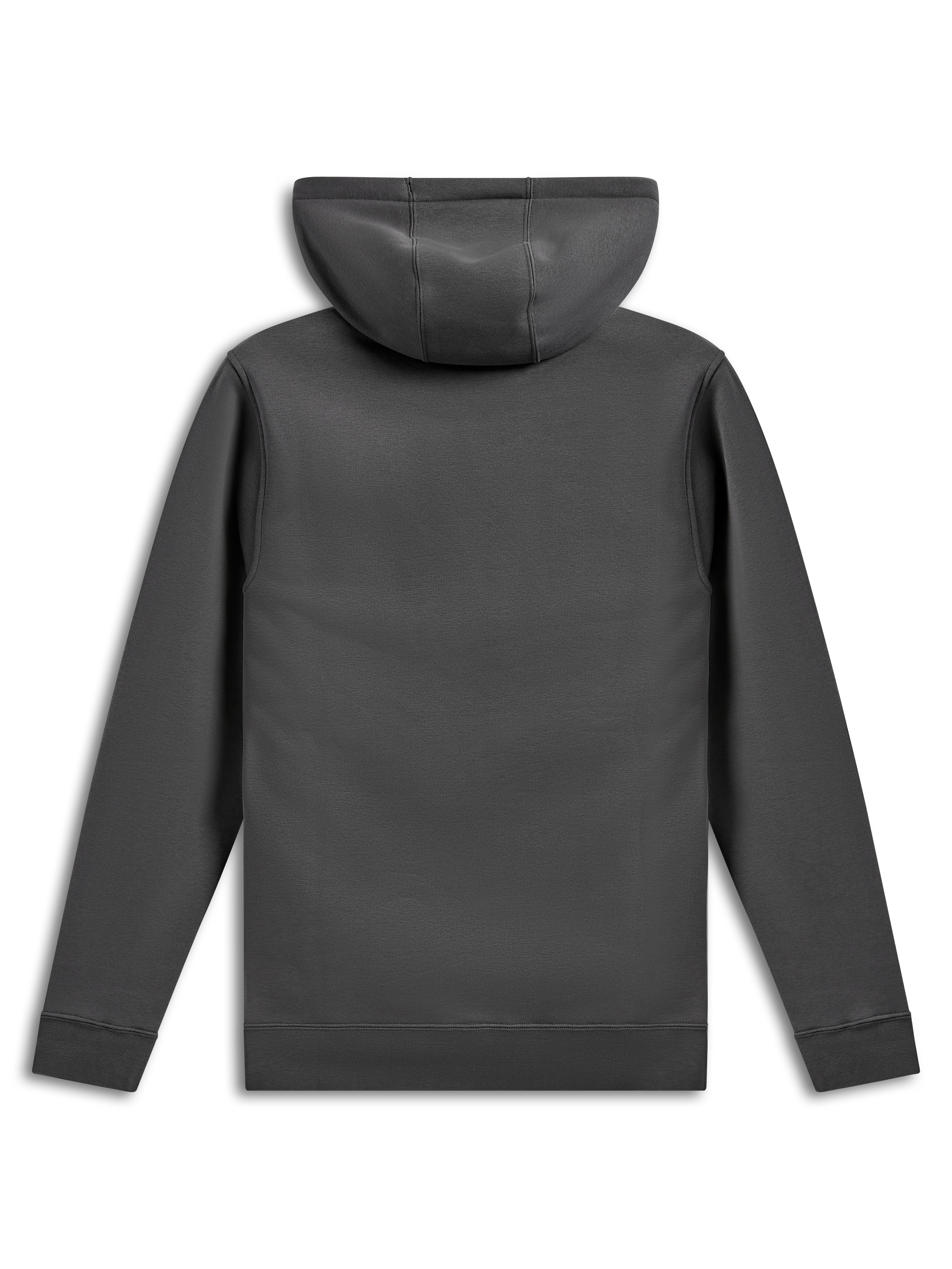Alpinestars Ellipsoid Hoodie, felpa pullover, grigio Gunmetal, vista posteriore che mostra busto e maniche in tinta unita, polsini e orlo a coste, abbigliamento streetwear casual ispirato al motorsport