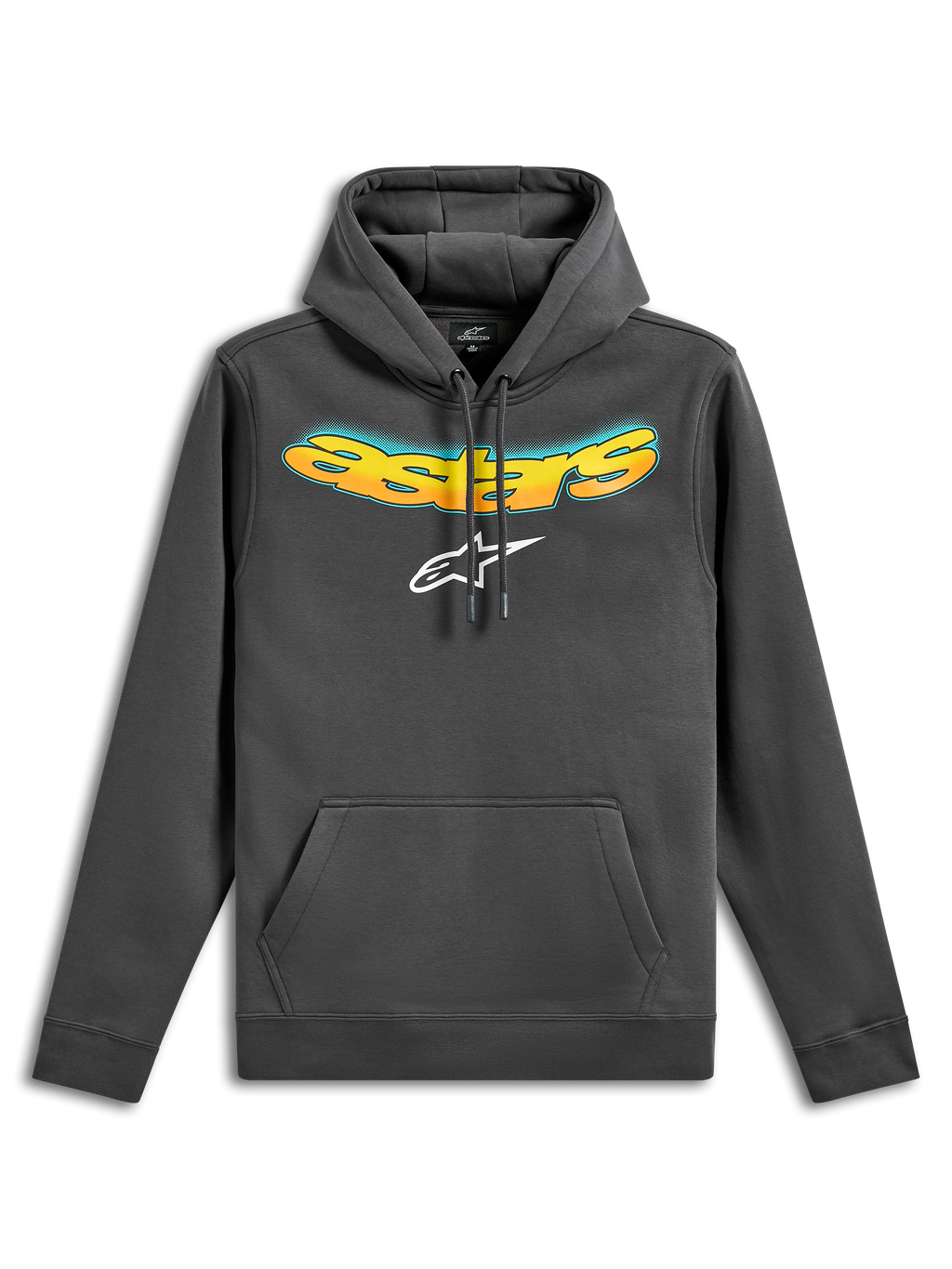 Felpa con cappuccio Alpinestars Ellipsoid, felpa in pile pullover, grigio gunmetal, scritta Astars curva con gradiente giallo e arancione e logo Astars bianco, tasca a marsupio anteriore, streetwear casual ispirato al motorsport