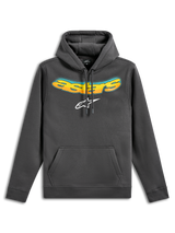 Felpa con cappuccio Alpinestars Ellipsoid, felpa in pile pullover, grigio gunmetal, scritta Astars curva con gradiente giallo e arancione e logo Astars bianco, tasca a marsupio anteriore, streetwear casual ispirato al motorsport