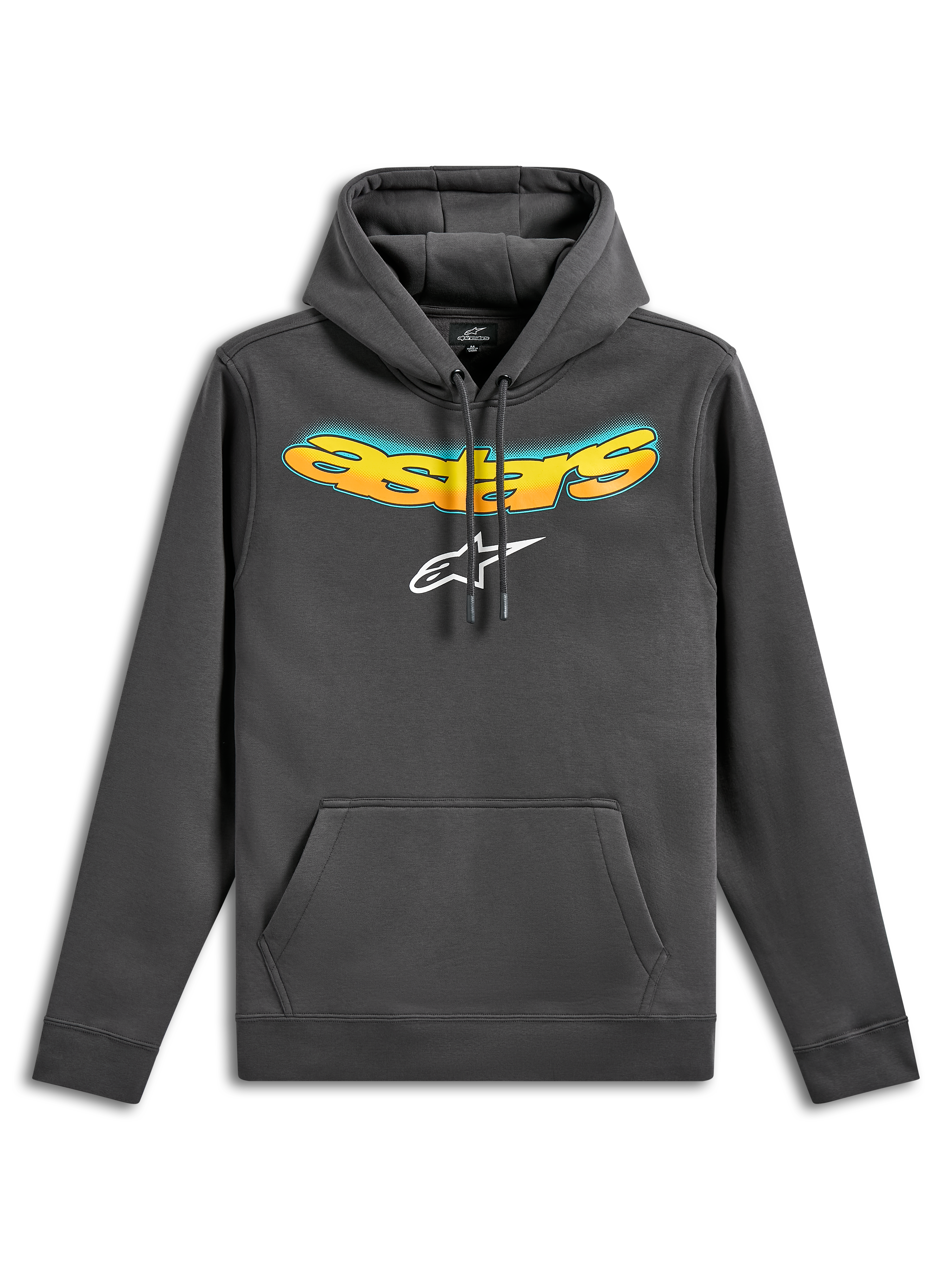 Felpa con cappuccio Alpinestars Ellipsoid, felpa in pile pullover, grigio gunmetal, scritta Astars curva con gradiente giallo e arancione e logo Astars bianco, tasca a marsupio anteriore, streetwear casual ispirato al motorsport