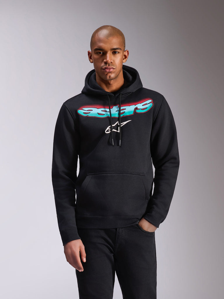 Felpa con cappuccio Alpinestars Ellipsoid, pullover in pile nero, scritta Astars con gradiente di colore verde acqua e rosa e logo a stella bianco sul petto, cappuccio con cordino, tasca a marsupio, abbigliamento sportivo casual