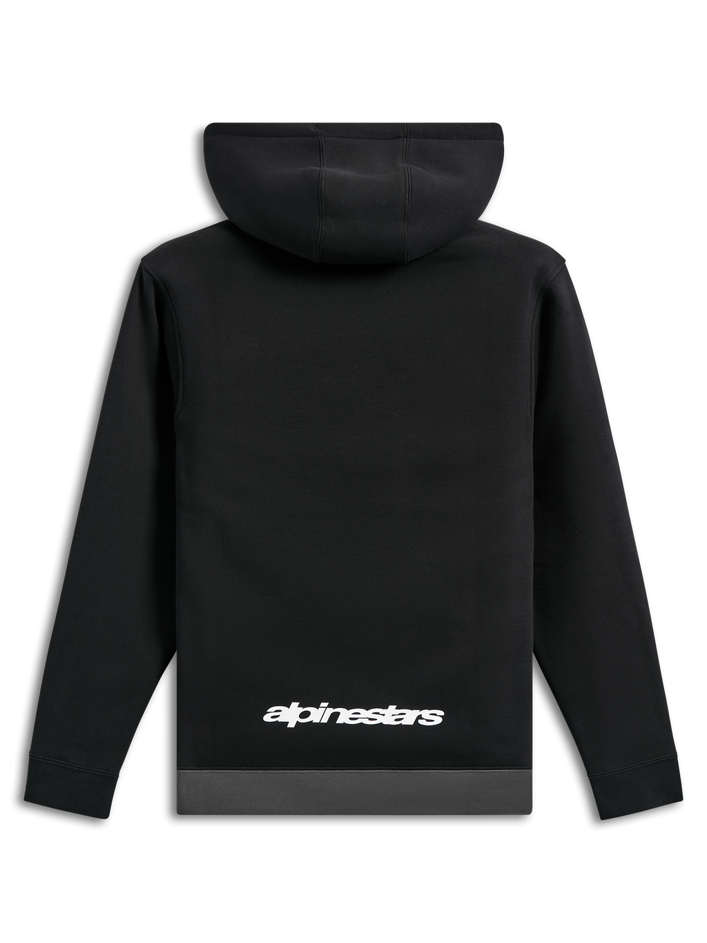 Felpa con cappuccio Alpinestars Parallel, vista posteriore, nera con orlo grigio canna di fucile, logo Alpinestars bianco sulla parte inferiore della schiena, streetwear casual ispirato al motorsport, maniche lunghe con polsini a coste