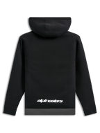 Felpa con cappuccio Alpinestars Parallel, vista posteriore, nera con orlo grigio canna di fucile, logo Alpinestars bianco sulla parte inferiore della schiena, streetwear casual ispirato al motorsport, maniche lunghe con polsini a coste