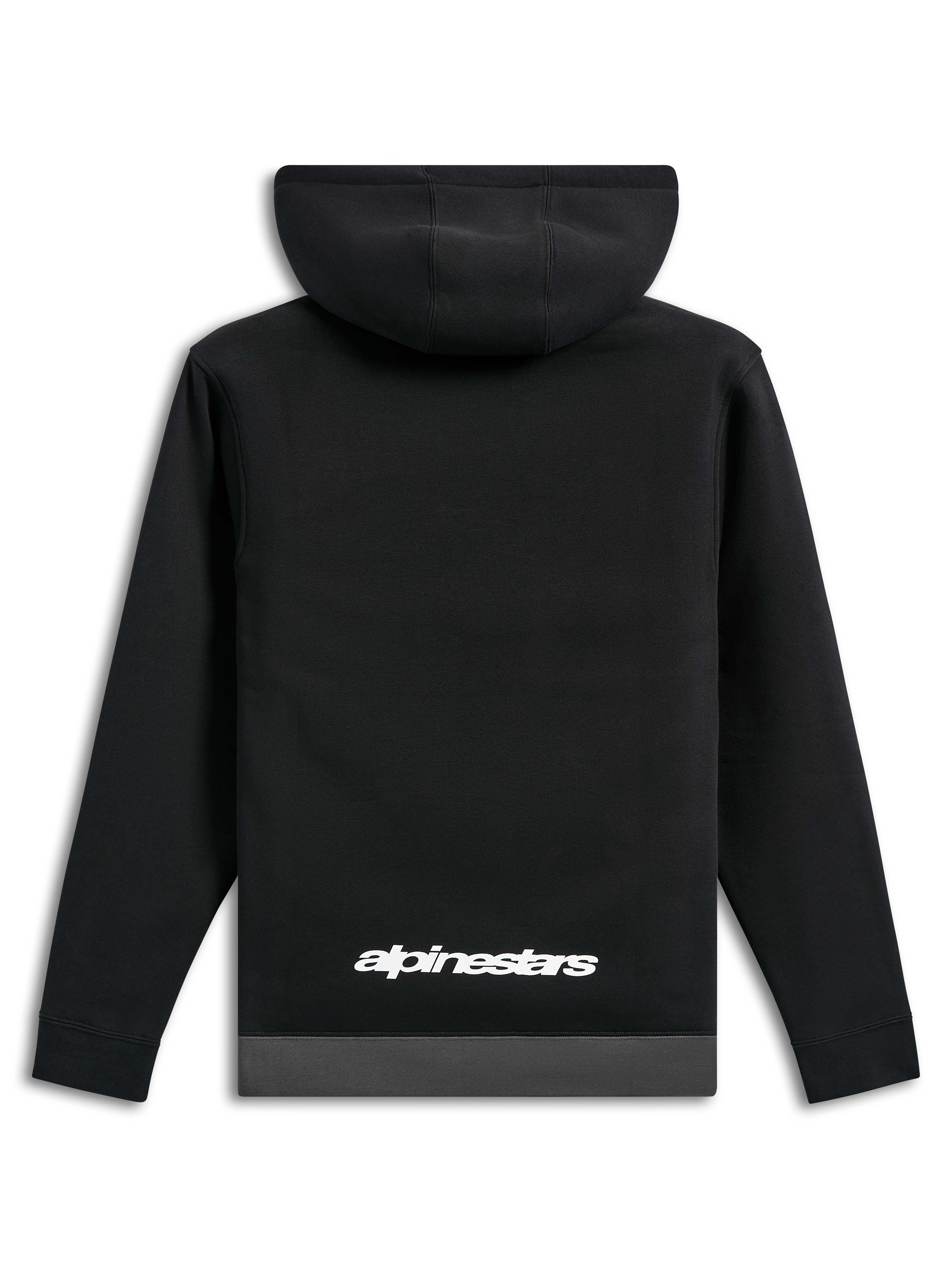 Felpa con cappuccio Alpinestars Parallel, vista posteriore, nera con orlo grigio canna di fucile, logo Alpinestars bianco sulla parte inferiore della schiena, streetwear casual ispirato al motorsport, maniche lunghe con polsini a coste