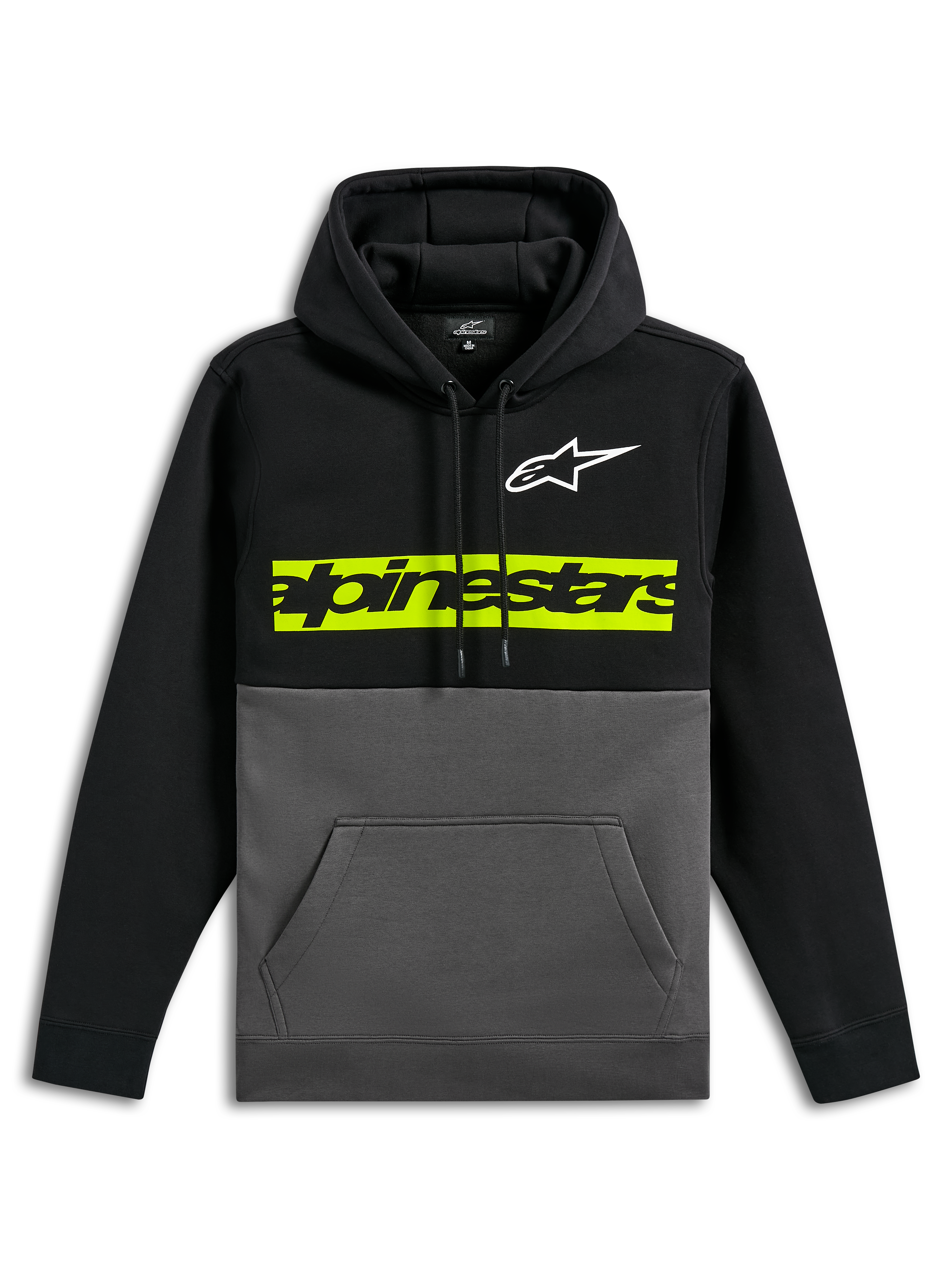 Felpa con cappuccio Parallel Alpinestars, felpa casual a blocchi di colore, parte superiore e maniche nere con fondo grigio gunmetal, logo Astars bianco sul petto, barra orizzontale giallo-verde con logo Alpinestars nero, cappuccio con cordino e tasca a marsupio frontale