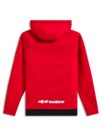 Alpinestars Parallel Hoodie, streetwear casual, rosso con orlo a coste nero, logo Alpinestars bianco sulla parte inferiore della schiena, design pullover con cappuccio, vista posteriore