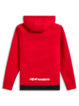 Alpinestars Parallel Hoodie, streetwear casual, rosso con orlo a coste nero, logo Alpinestars bianco sulla parte inferiore della schiena, design pullover con cappuccio, vista posteriore