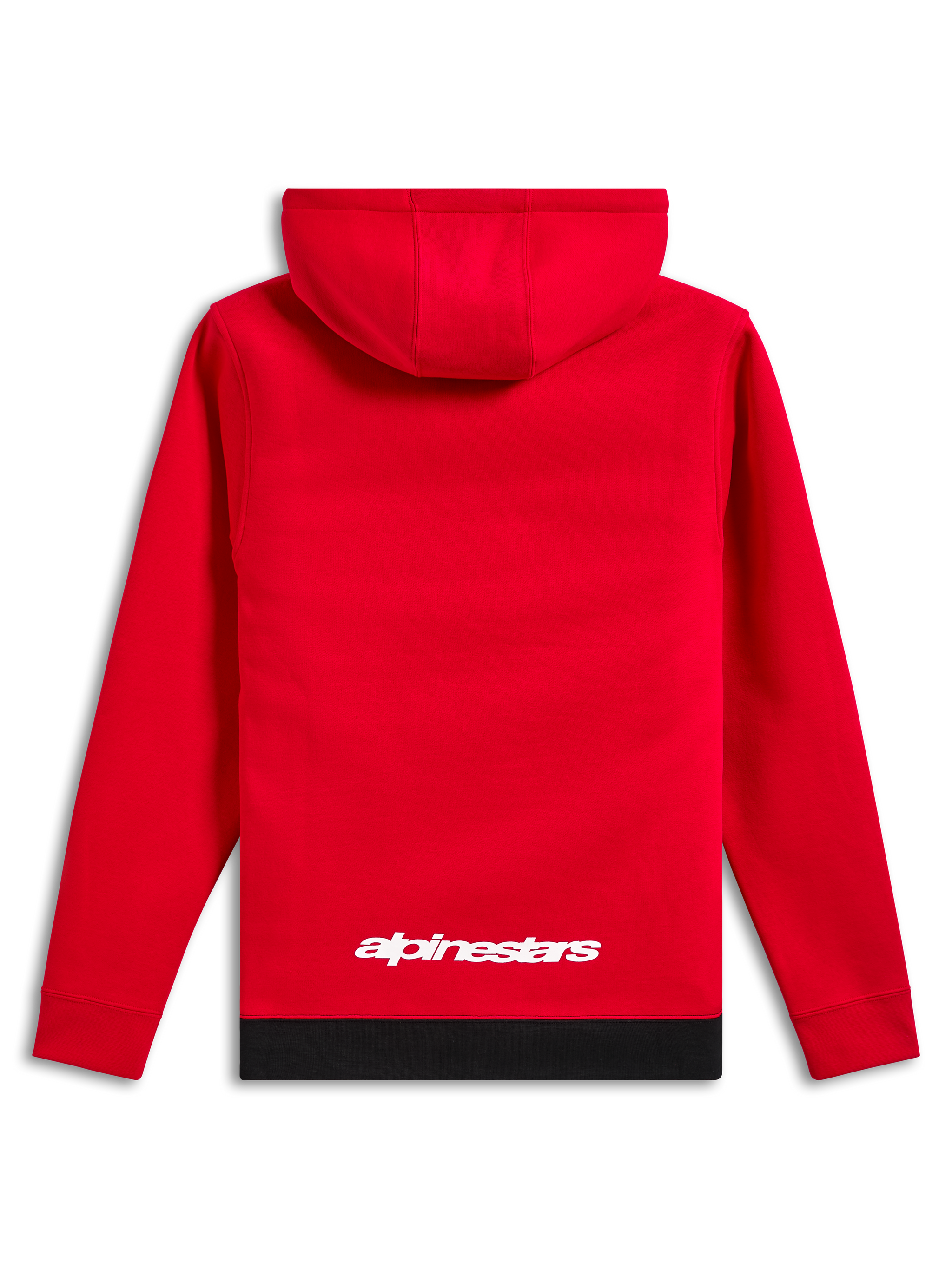 Alpinestars Parallel Hoodie, streetwear casual, rosso con orlo a coste nero, logo Alpinestars bianco sulla parte inferiore della schiena, design pullover con cappuccio, vista posteriore