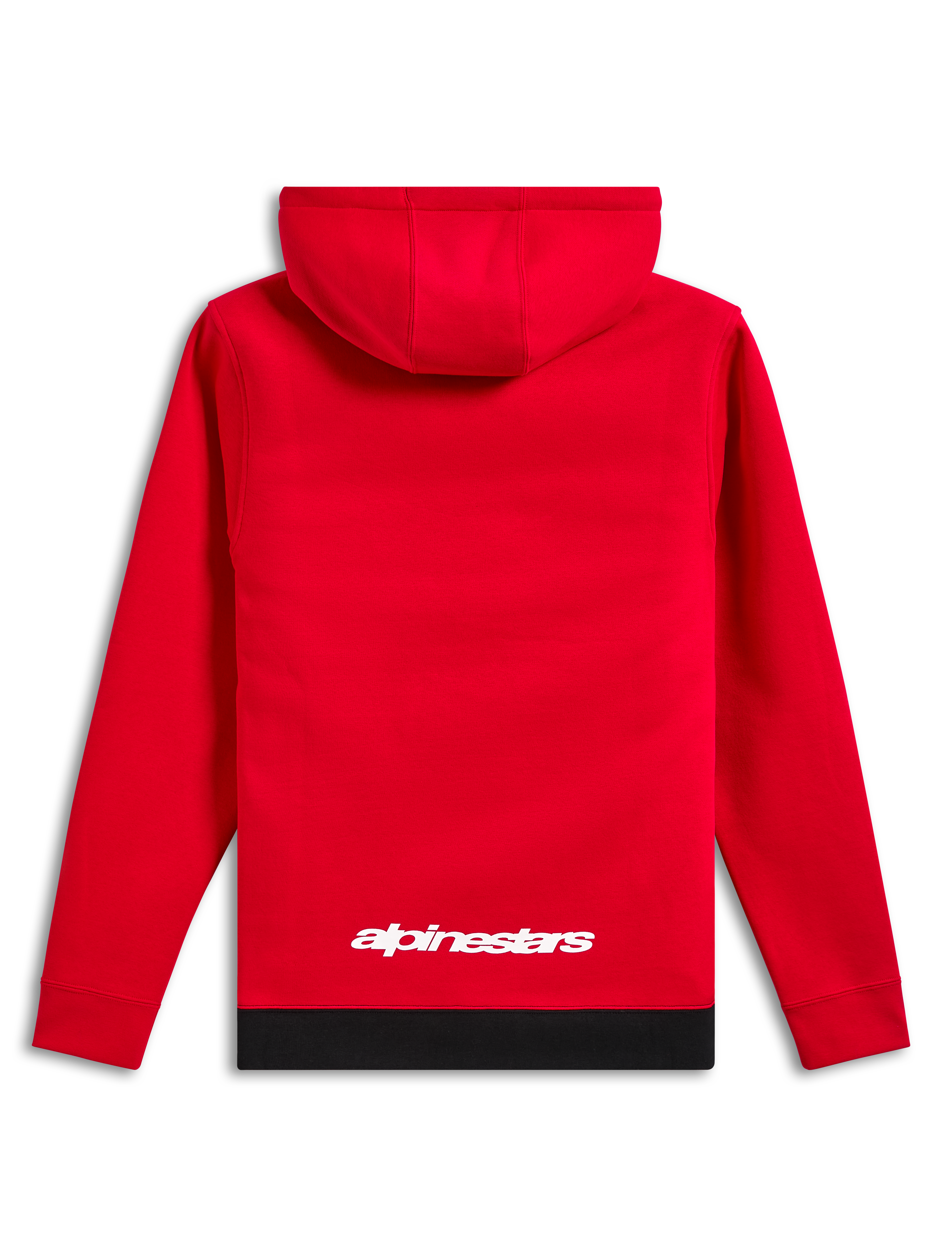 Alpinestars Parallel Hoodie, streetwear casual, rosso con orlo a coste nero, logo Alpinestars bianco sulla parte inferiore della schiena, design pullover con cappuccio, vista posteriore