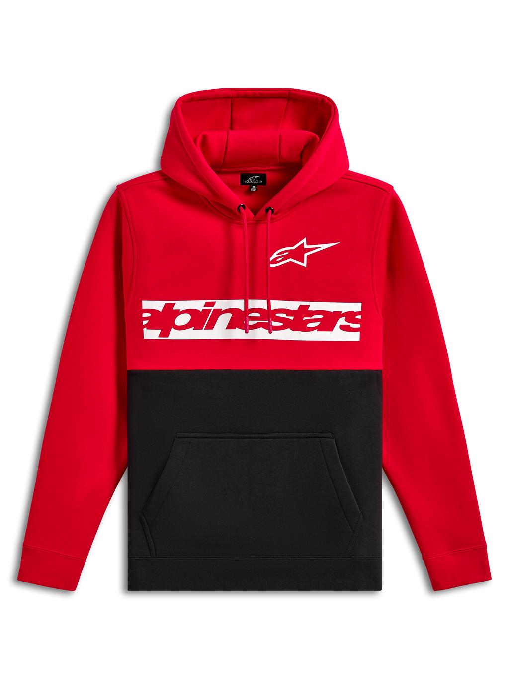 Alpinestars Parallel Hoodie, felpa pullover, design a blocchi di colore rosso e nero, logo Astars bianco e logo Alpinestars rosso su fascia bianca sul petto, cappuccio con cordino, tasca a marsupio, streetwear casual da motorsport