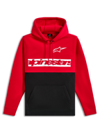 Alpinestars Parallel Hoodie, felpa pullover, design a blocchi di colore rosso e nero, logo Astars bianco e logo Alpinestars rosso su fascia bianca sul petto, cappuccio con cordino, tasca a marsupio, streetwear casual da motorsport