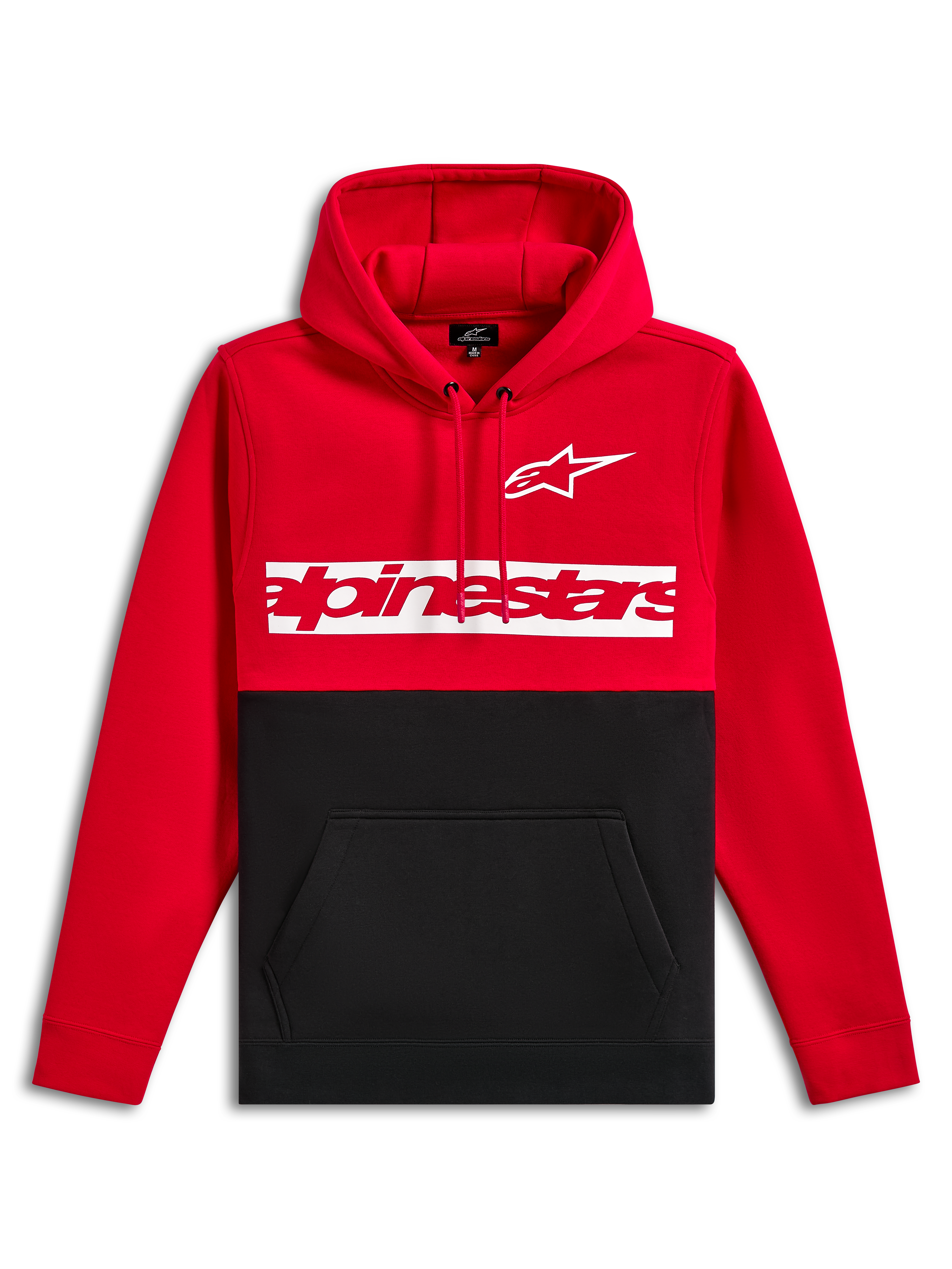 Alpinestars Parallel Hoodie, felpa pullover, design a blocchi di colore rosso e nero, logo Astars bianco e logo Alpinestars rosso su fascia bianca sul petto, cappuccio con cordino, tasca a marsupio, streetwear casual da motorsport