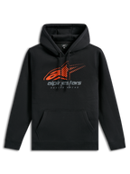 Felpa con cappuccio Alpinestars Pulse, abbigliamento sportivo casual nero, con logo Astars arancione con linee di velocità sfumate sul petto, marchio Alpinestars grigio, tasca a marsupio anteriore e cappuccio con cordino
