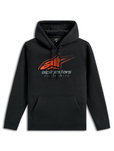 Felpa con cappuccio Alpinestars Pulse, abbigliamento sportivo casual nero, con logo Astars arancione con linee di velocità sfumate sul petto, marchio Alpinestars grigio, tasca a marsupio anteriore e cappuccio con cordino