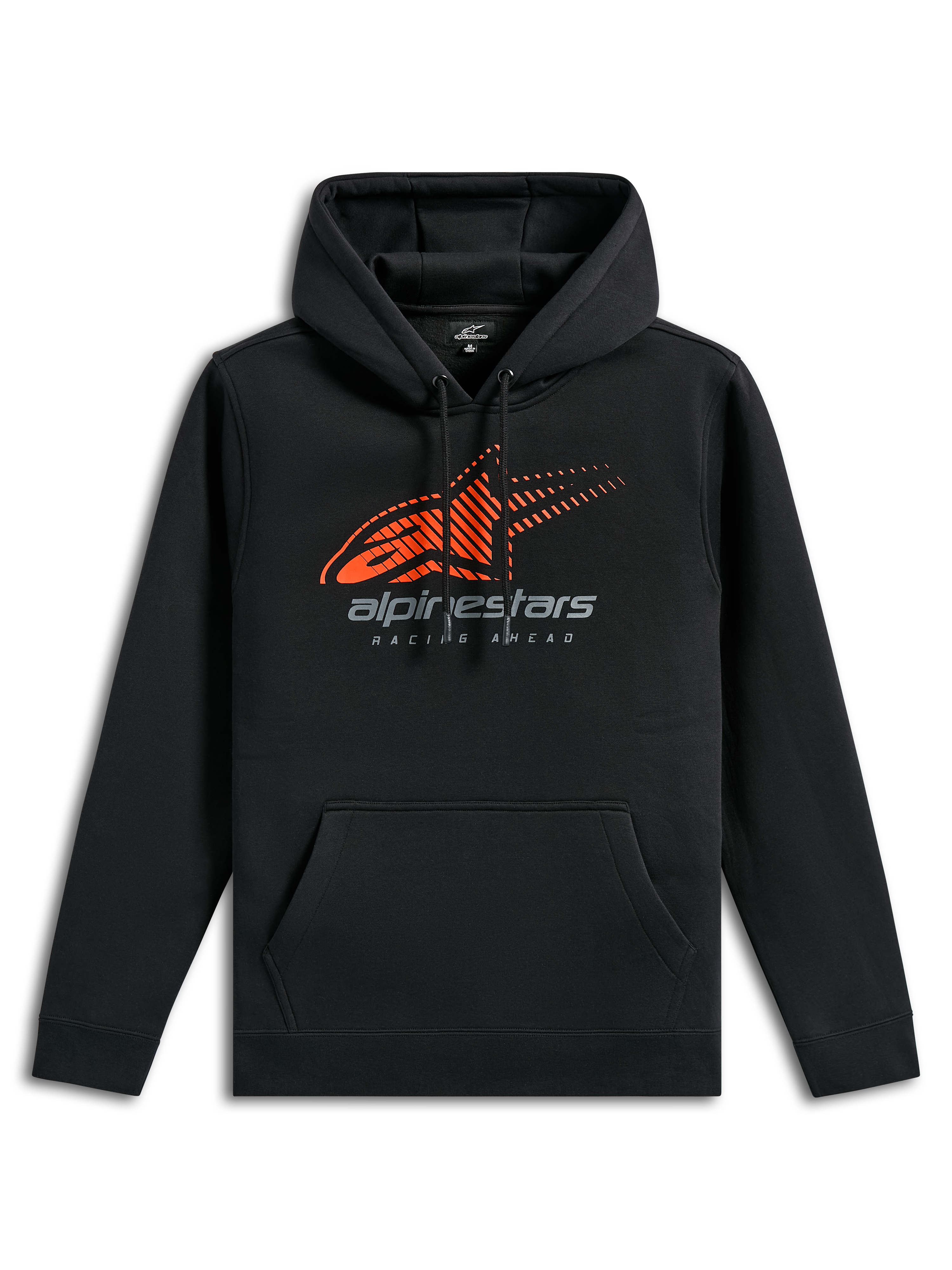 Felpa con cappuccio Alpinestars Pulse, abbigliamento sportivo casual nero, con logo Astars arancione con linee di velocità sfumate sul petto, marchio Alpinestars grigio, tasca a marsupio anteriore e cappuccio con cordino