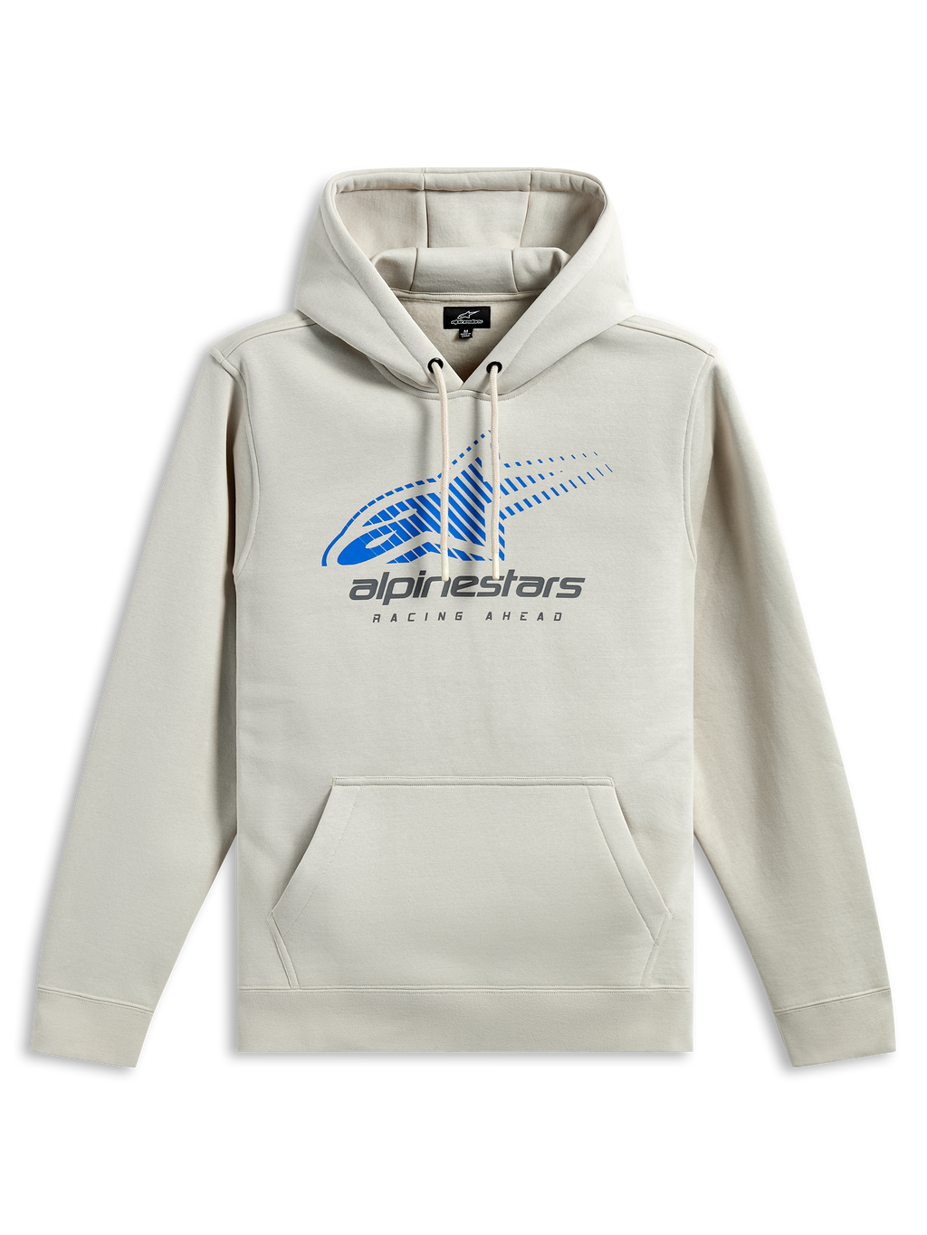 Alpinestars Pulse Hoodie, streetwear casual, bianco sporco con logo Astars blu e branding grigio, tasca a marsupio frontale, cappuccio con cordino, maniche lunghe, design moderno ispirato al motorsport