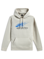 Alpinestars Pulse Hoodie, streetwear casual, bianco sporco con logo Astars blu e branding grigio, tasca a marsupio frontale, cappuccio con cordino, maniche lunghe, design moderno ispirato al motorsport