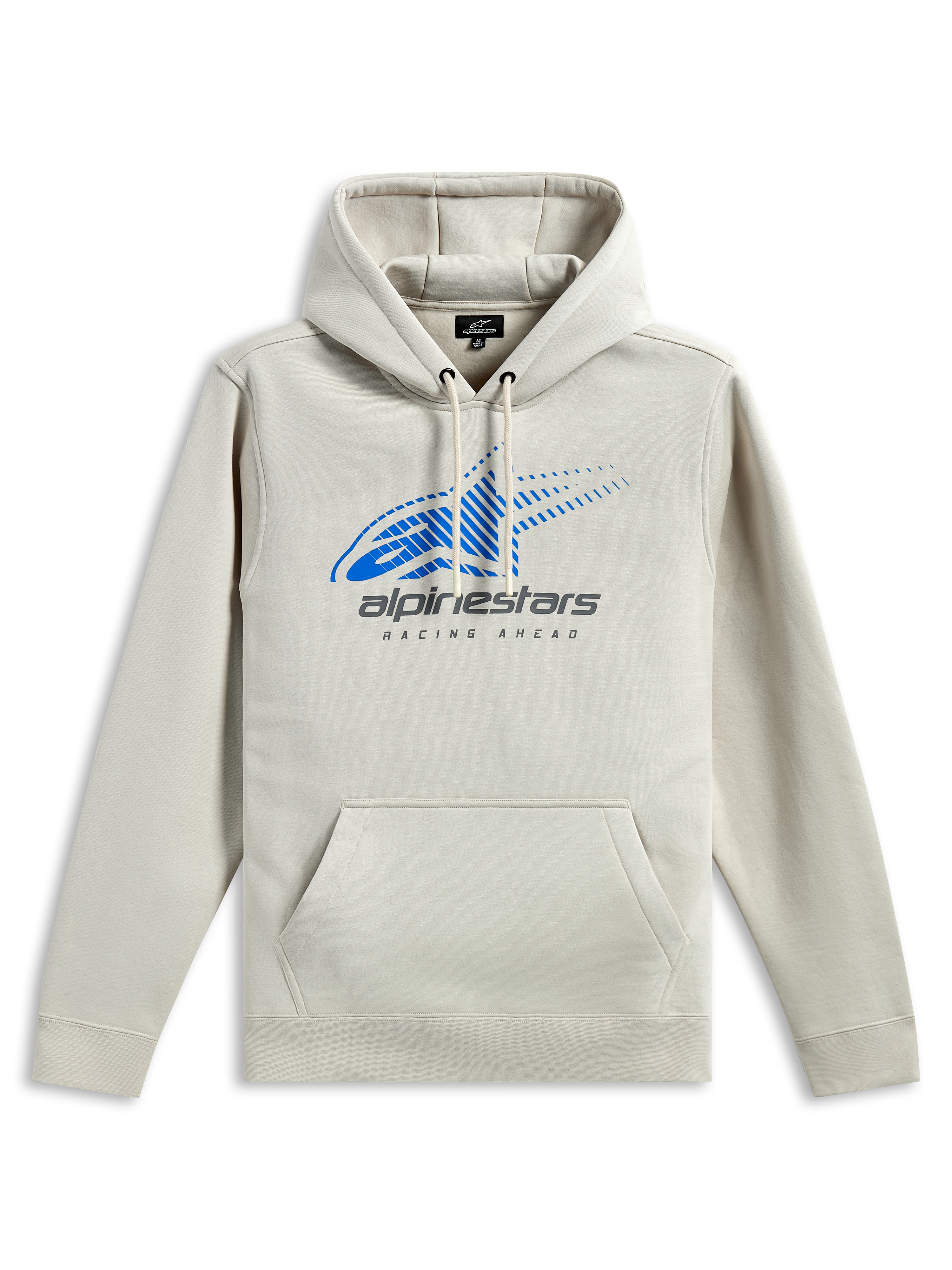 Alpinestars Pulse Hoodie, streetwear casual, bianco sporco con logo Astars blu e branding grigio, tasca a marsupio frontale, cappuccio con cordino, maniche lunghe, design moderno ispirato al motorsport