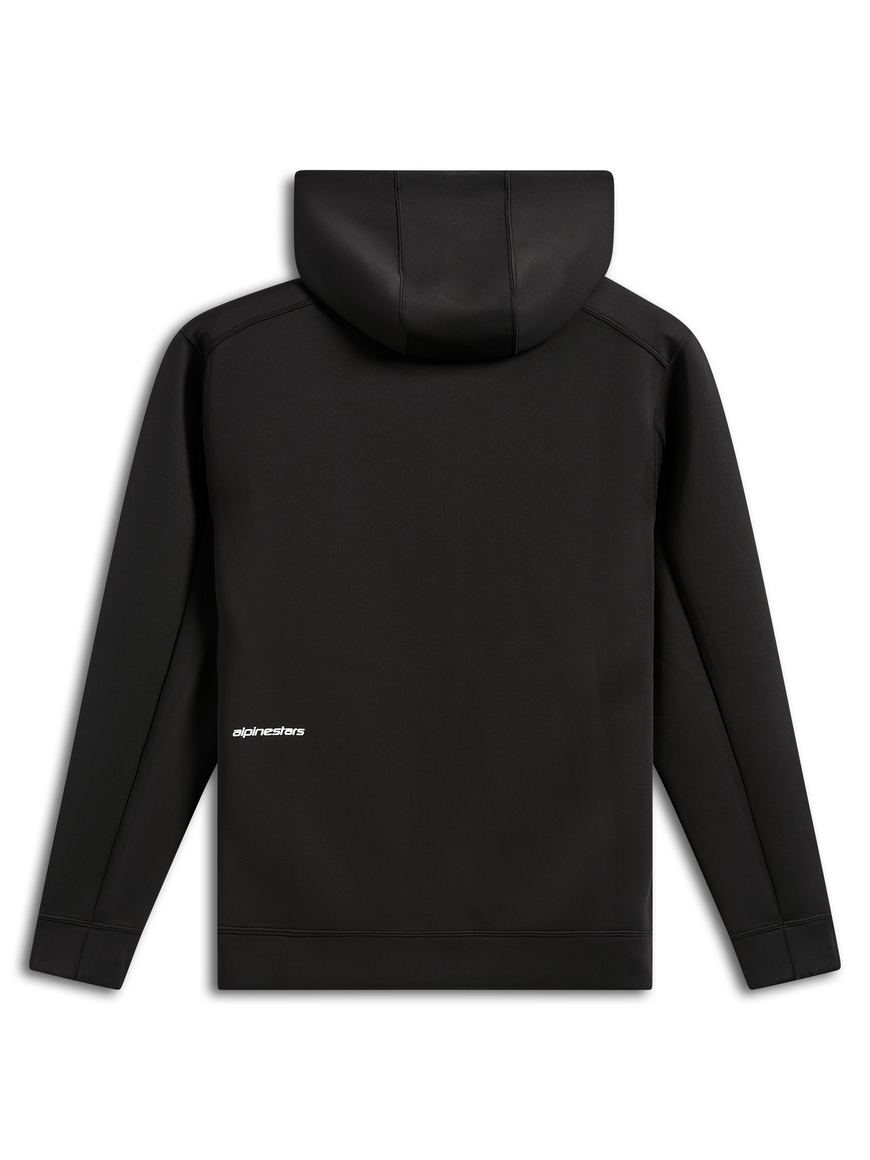Alpinestars Felpa con cappuccio Cypher, vista posteriore, nero, felpa casual in pile double face con zip frontale, piccolo logo Alpinestars bianco sulla parte inferiore della schiena, cappuccio foderato in rete, design moderno ispirato al motorsport