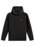 Alpinestars Cypher Hoodie, felpa nera con cappuccio, pile double face con zip frontale, cappuccio a collo alto con fodera in rete e logo word, piccolo logo Astars bianco sul petto, tasche sulle cuciture, streetwear casual d'ispirazione motorsport