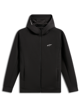 Alpinestars Cypher Hoodie, felpa nera con cappuccio, pile double face con zip frontale, cappuccio a collo alto con fodera in rete e logo word, piccolo logo Astars bianco sul petto, tasche sulle cuciture, streetwear casual d'ispirazione motorsport
