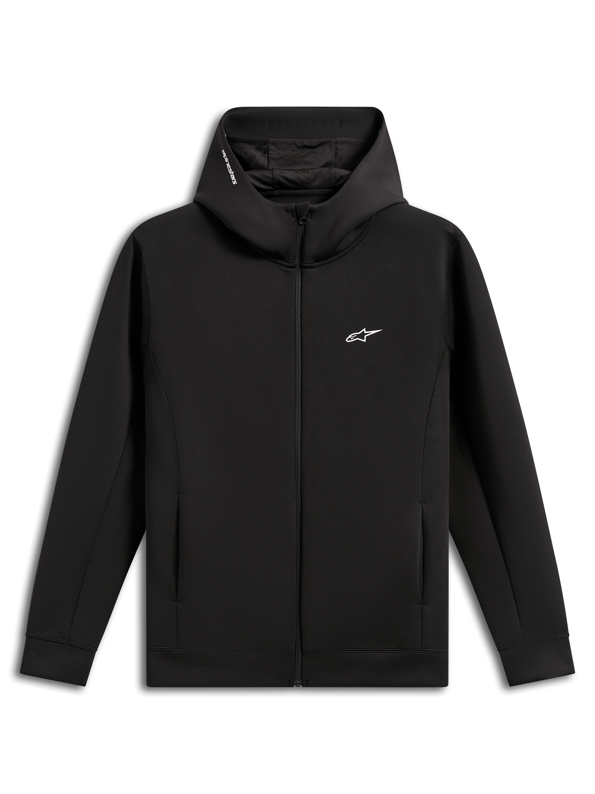Alpinestars Cypher Hoodie, felpa nera con cappuccio, pile double face con zip frontale, cappuccio a collo alto con fodera in rete e logo word, piccolo logo Astars bianco sul petto, tasche sulle cuciture, streetwear casual d'ispirazione motorsport