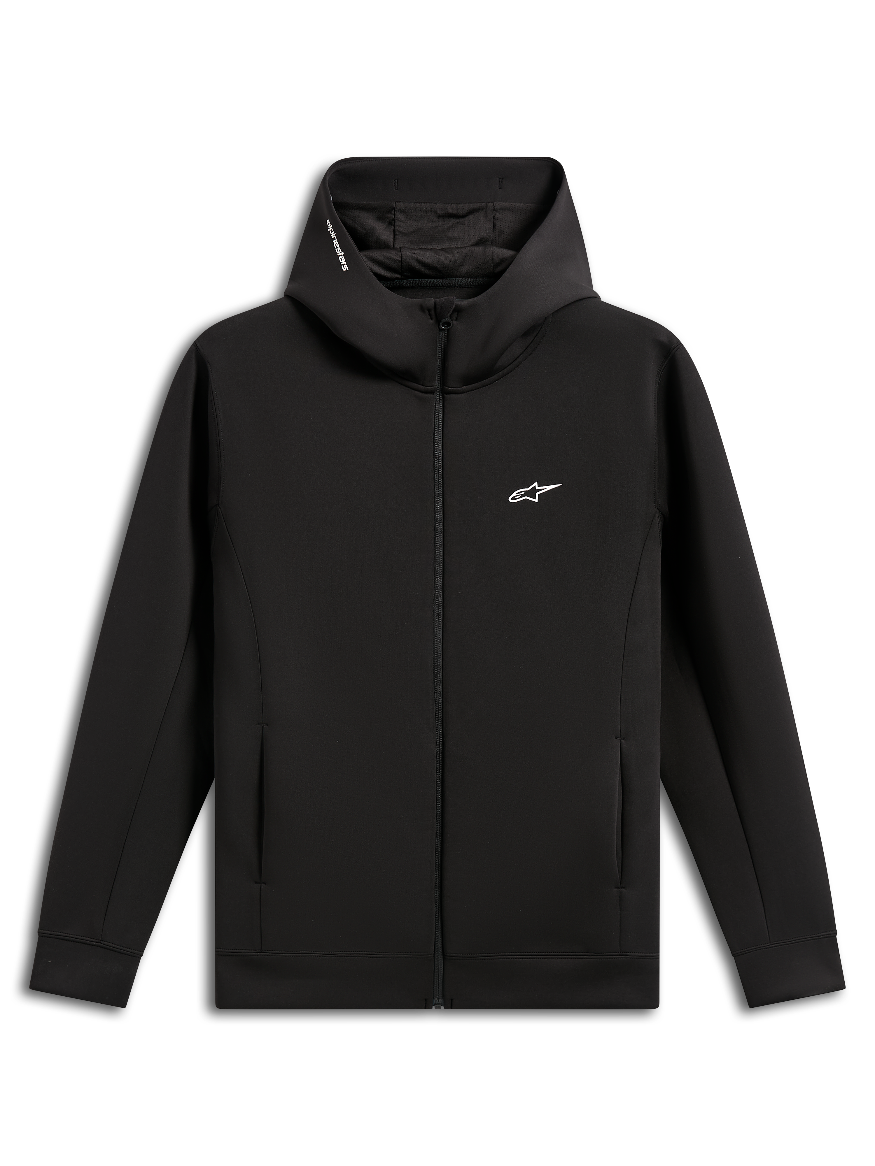 Alpinestars Cypher Hoodie, felpa nera con cappuccio, pile double face con zip frontale, cappuccio a collo alto con fodera in rete e logo word, piccolo logo Astars bianco sul petto, tasche sulle cuciture, streetwear casual d'ispirazione motorsport