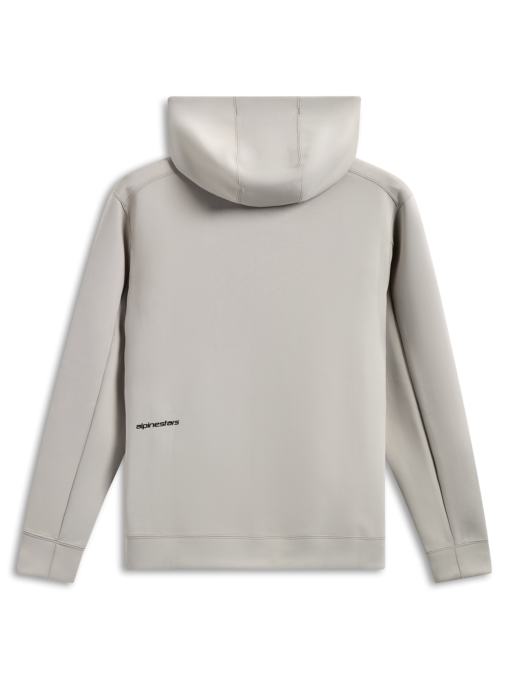 Alpinestars Cypher Hoodie, vista posteriore, grigio cemento, pile double face tri-blend, piccolo logo nero sulla parte bassa della schiena, cappuccio foderato in rete, streetwear casual ispirato al motorsport