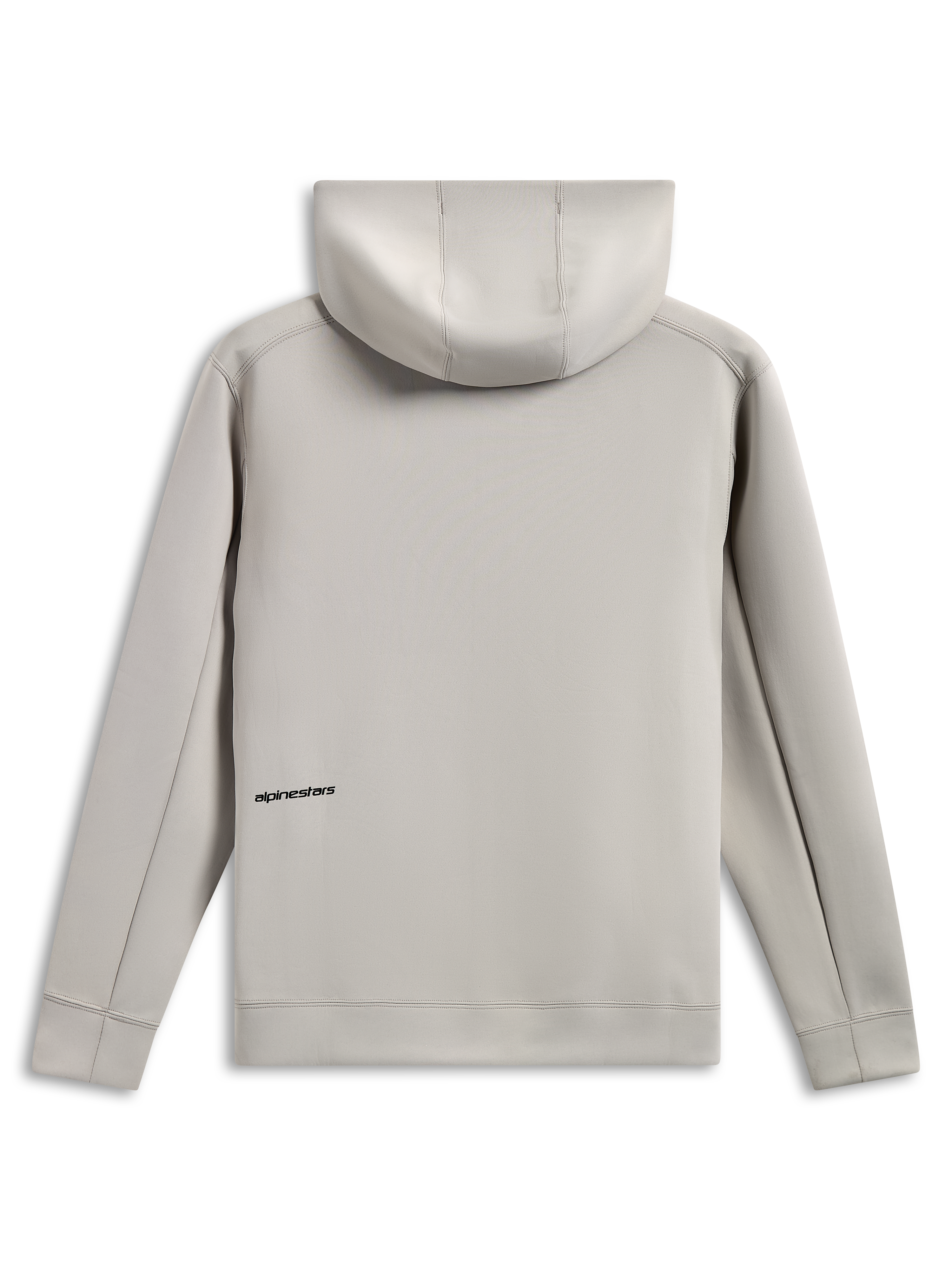 Alpinestars Cypher Hoodie, vista posteriore, grigio cemento, pile double face tri-blend, piccolo logo nero sulla parte bassa della schiena, cappuccio foderato in rete, streetwear casual ispirato al motorsport