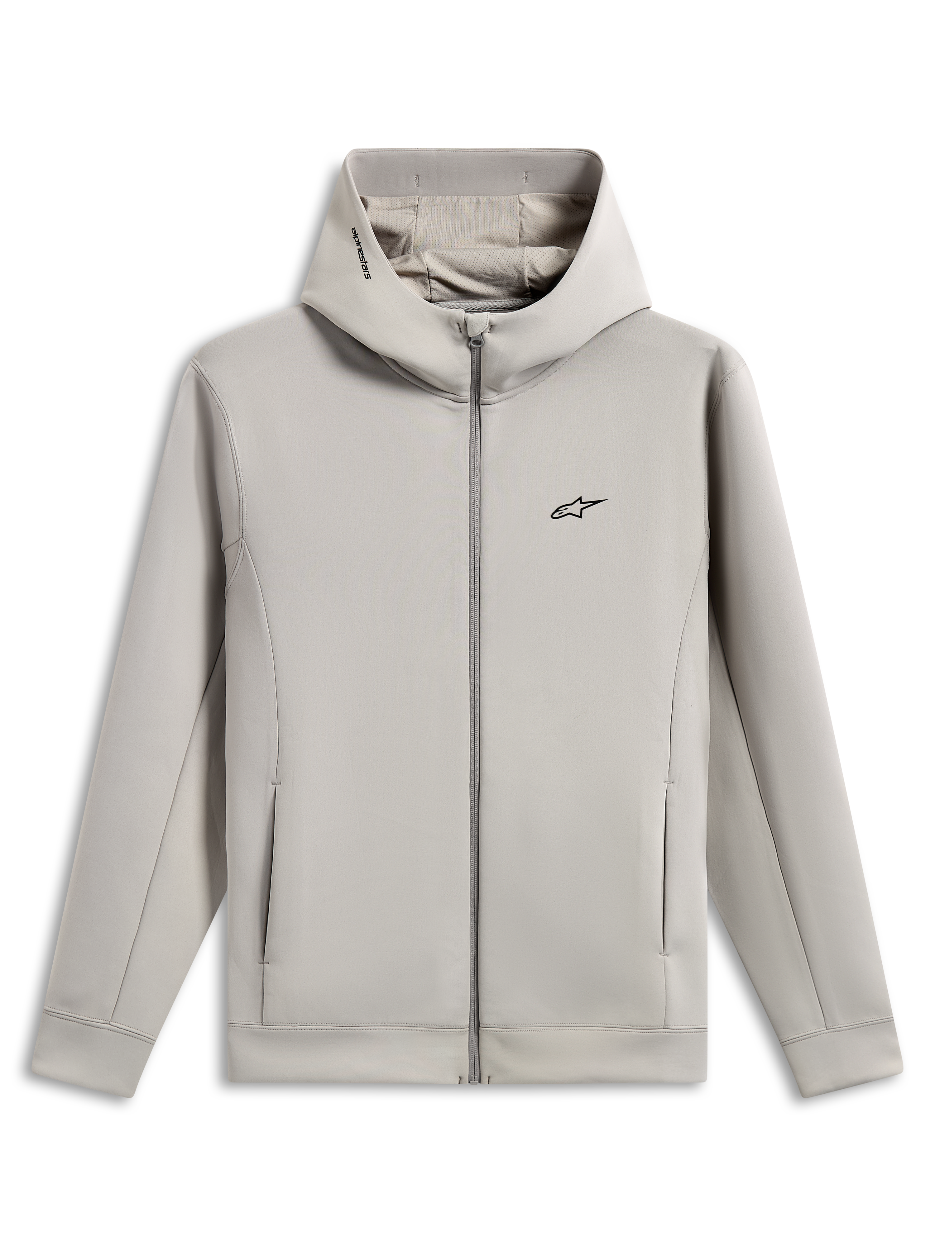 Felpa con cappuccio Alpinestars Cypher, felpa in pile double face con zip integrale, grigio Cement, caratterizzata da logo Astars nero sul petto, cappuccio a collo alto foderato in rete con logo Alpinestars, tasche sulle cuciture, design sportswear casual