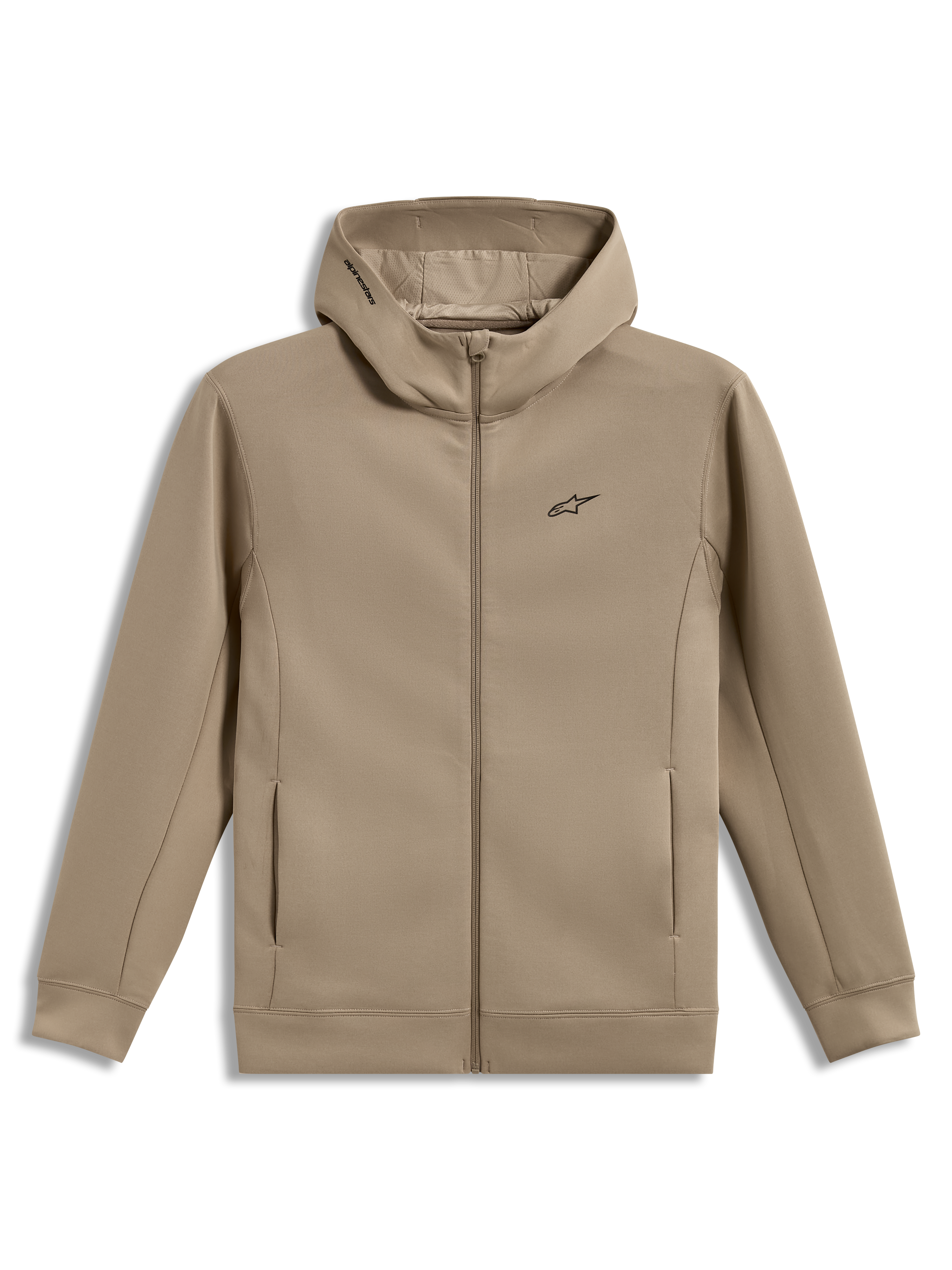 Alpinestars Cypher Hoodie, felpa in pile beige con zip, cappuccio a collo alto foderato in rete e logo Astars.