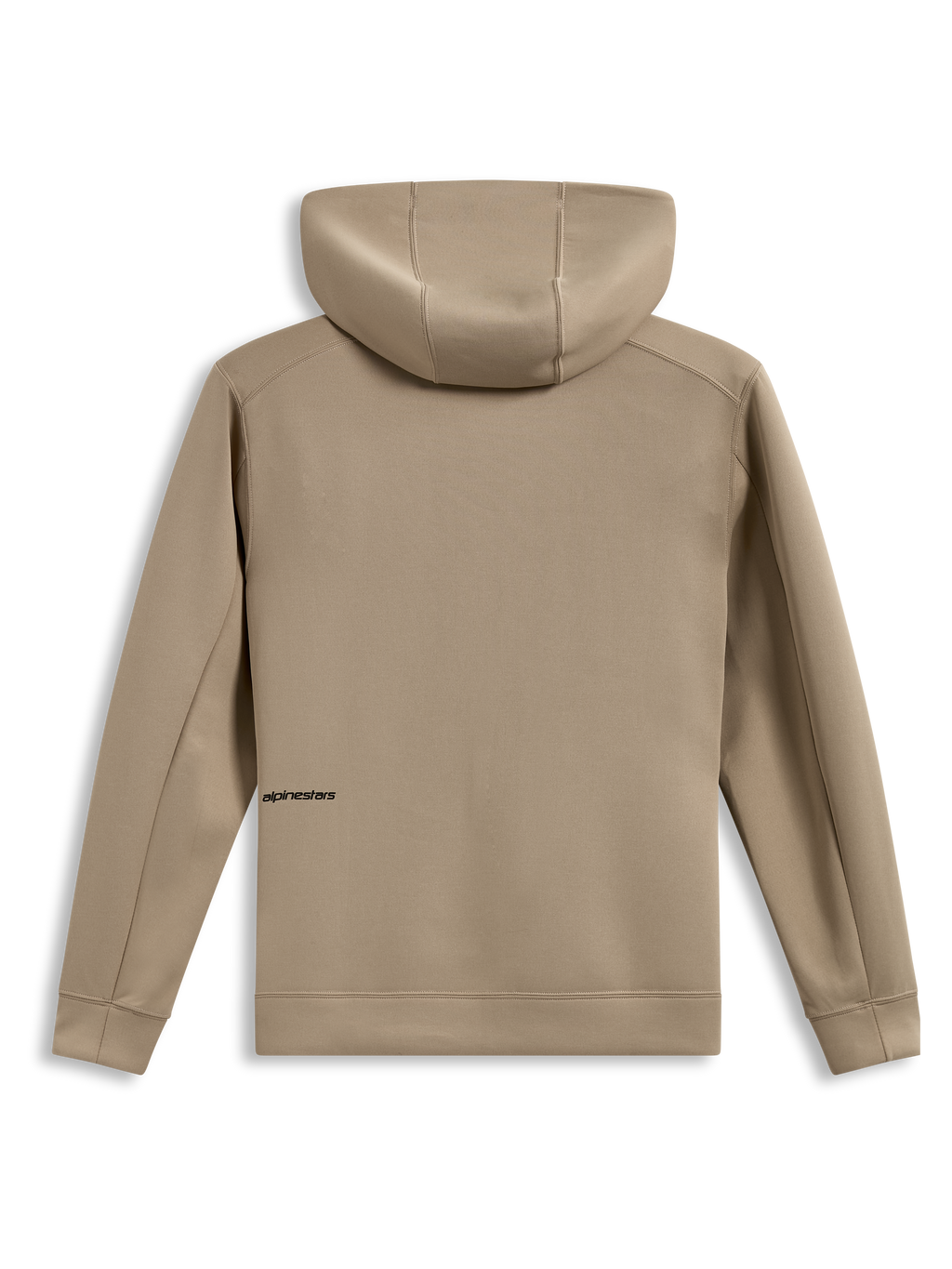 Alpinestars Cypher Hoodie, felpa sportswear beige in pile tri-blend, vista posteriore con cappuccio a collo alto e logo.